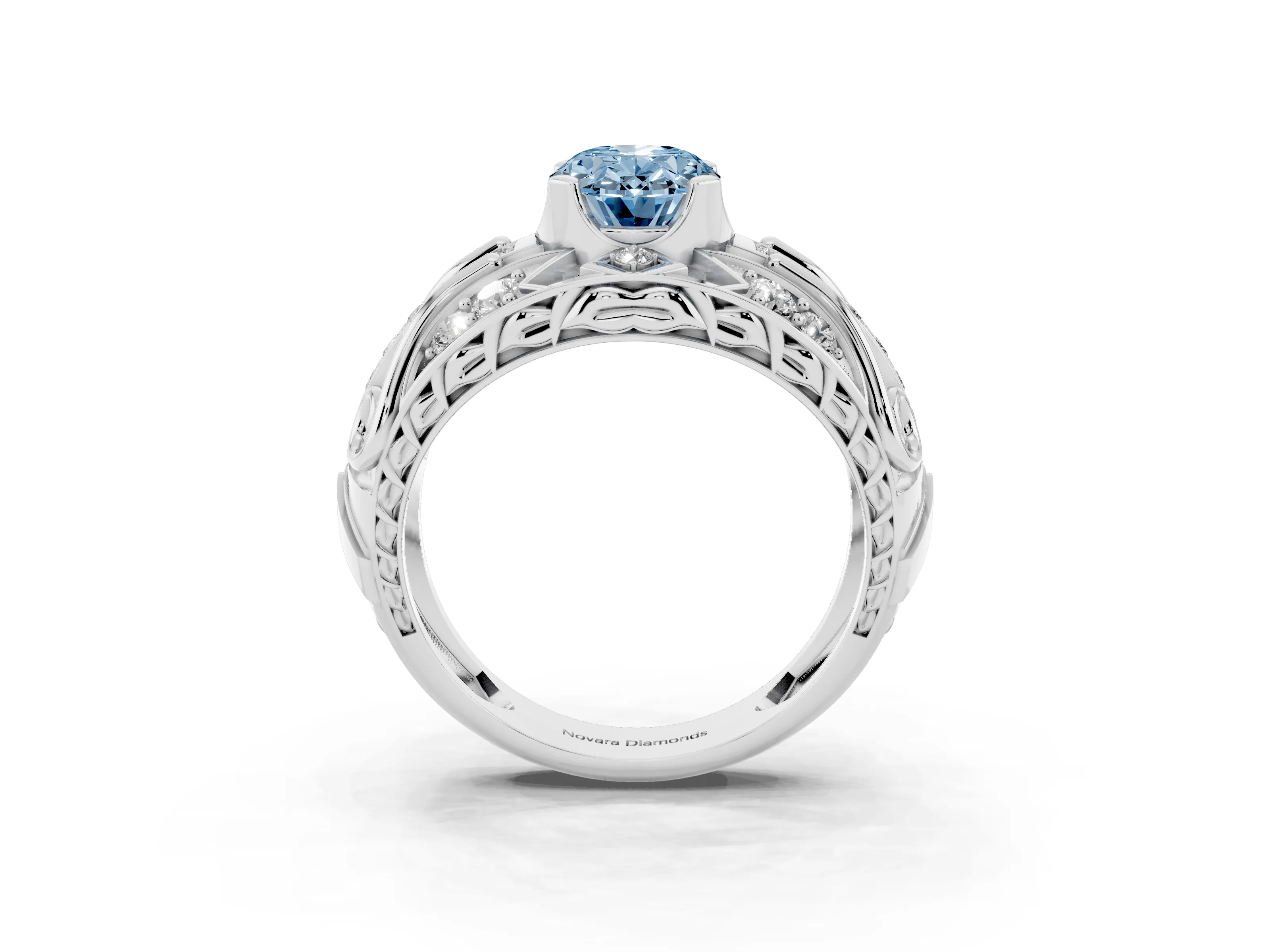 Fancy Blue Oval Cut Diamond Art Deco Ring Set in Platinum with Pavé Split Shank