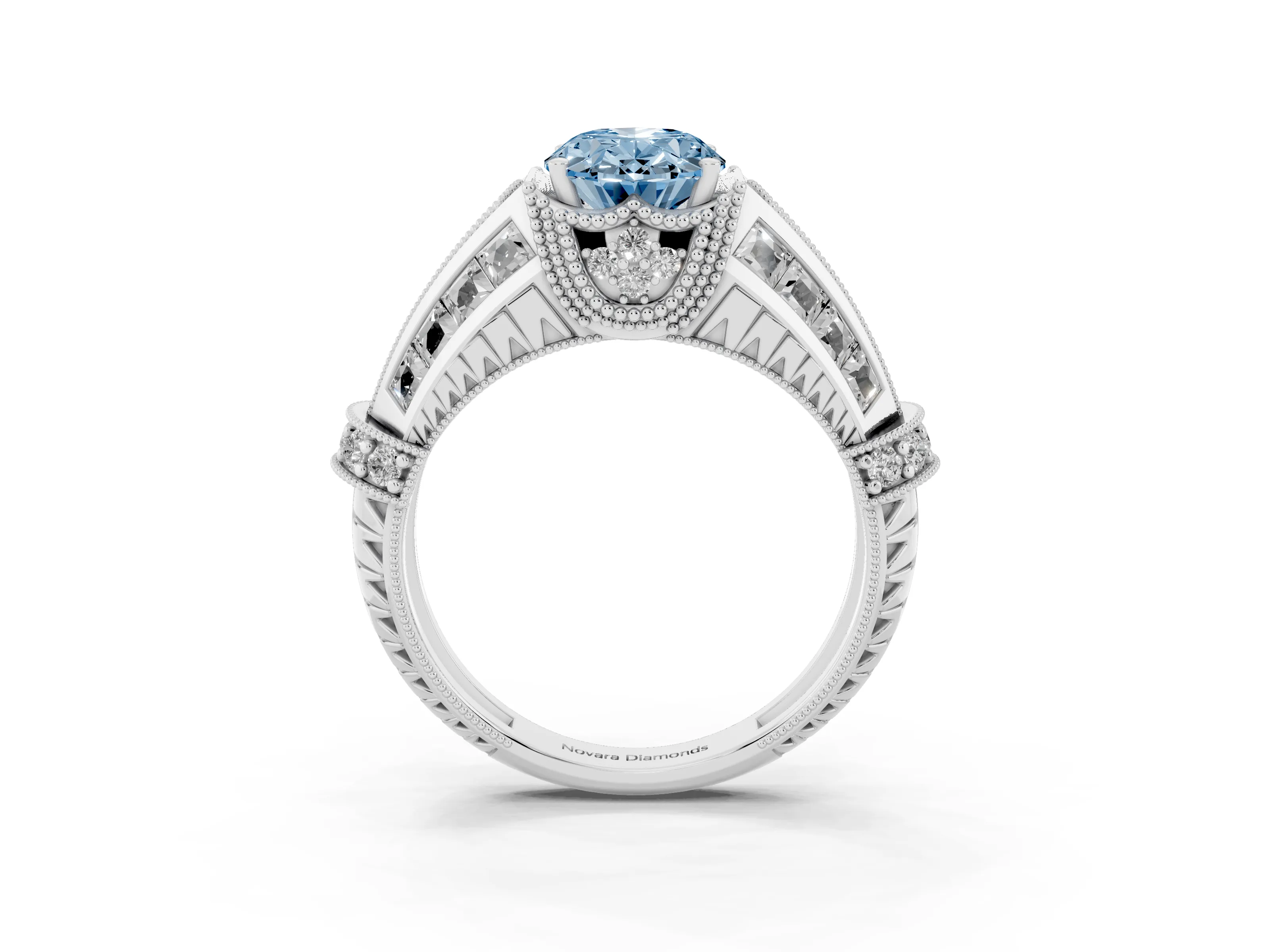 Fancy Blue Oval Cut Diamond Vintage-Inspired Milgrain Ring Set in Silver with Accent Split Shank