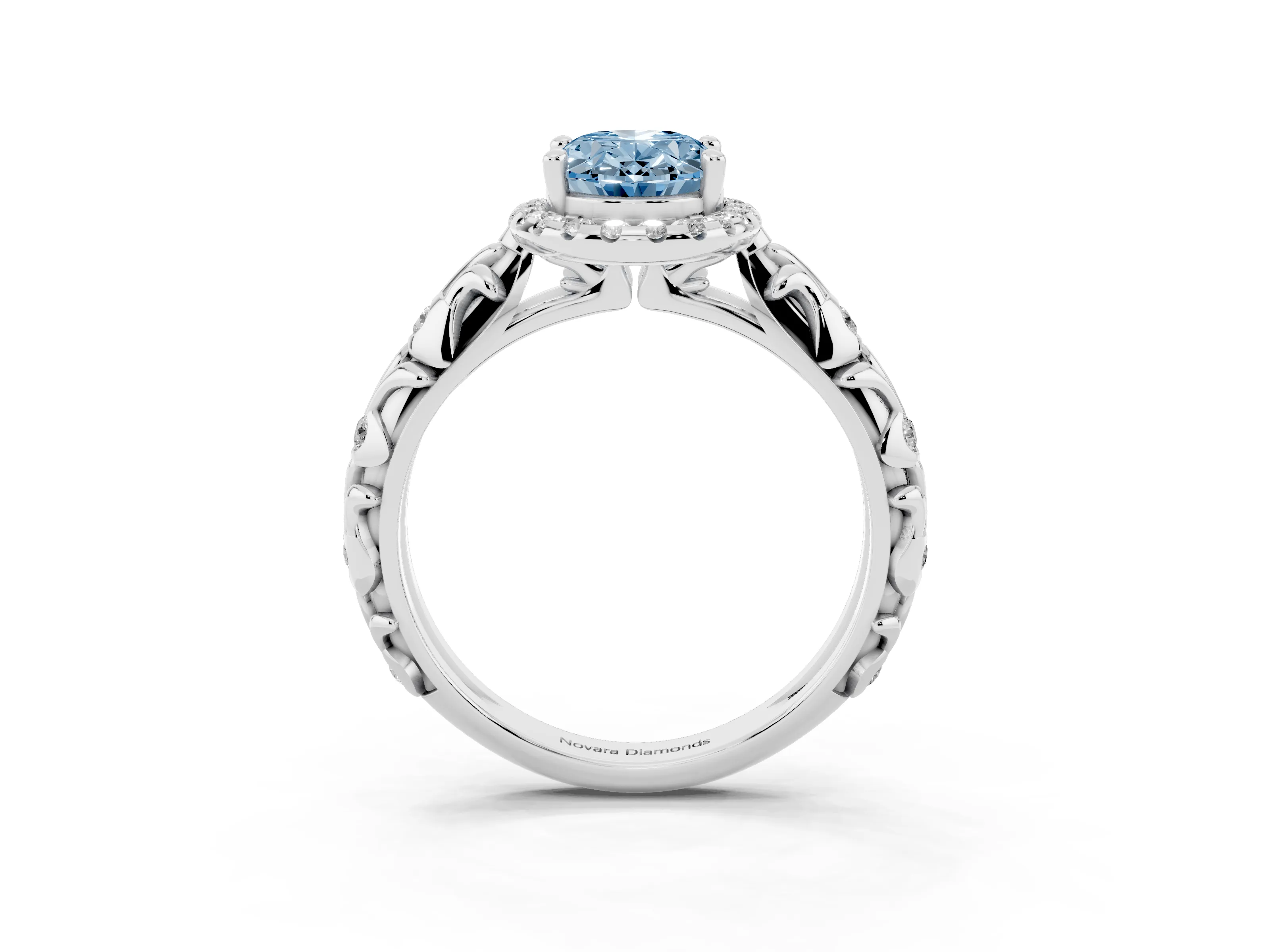 Fancy Blue Oval Cut Diamond Halo Ring Set in White gold with Filigree Leaf Band and Prong Setting