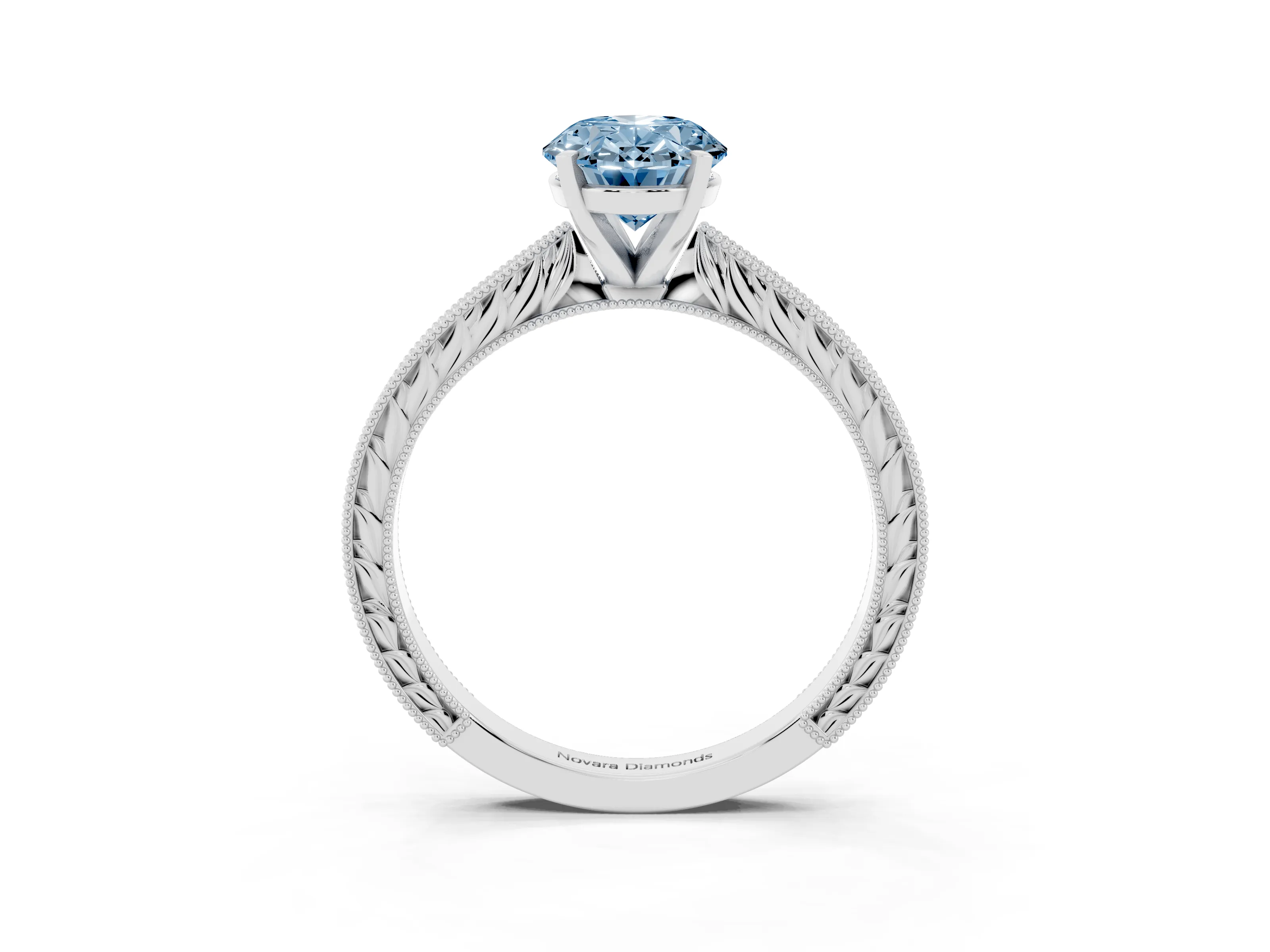 Fancy Blue Oval Cut Diamond Solitaire Milgrain Engraved Band Set in Platinum with Prong Setting