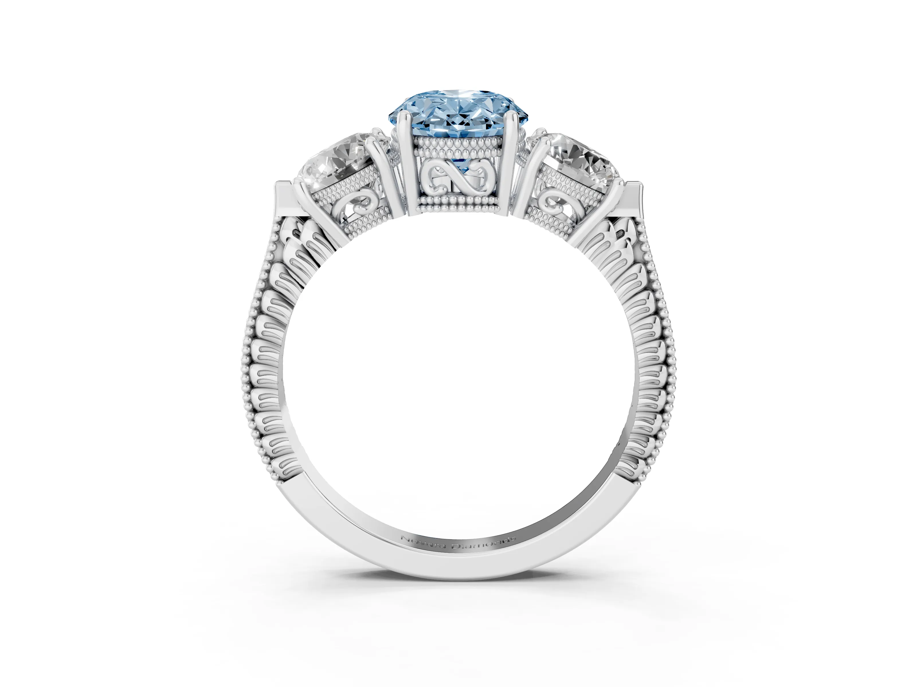 Fancy Blue Oval Cut Diamond Three-Stone Ring Set in Silver with Milgrain Band
