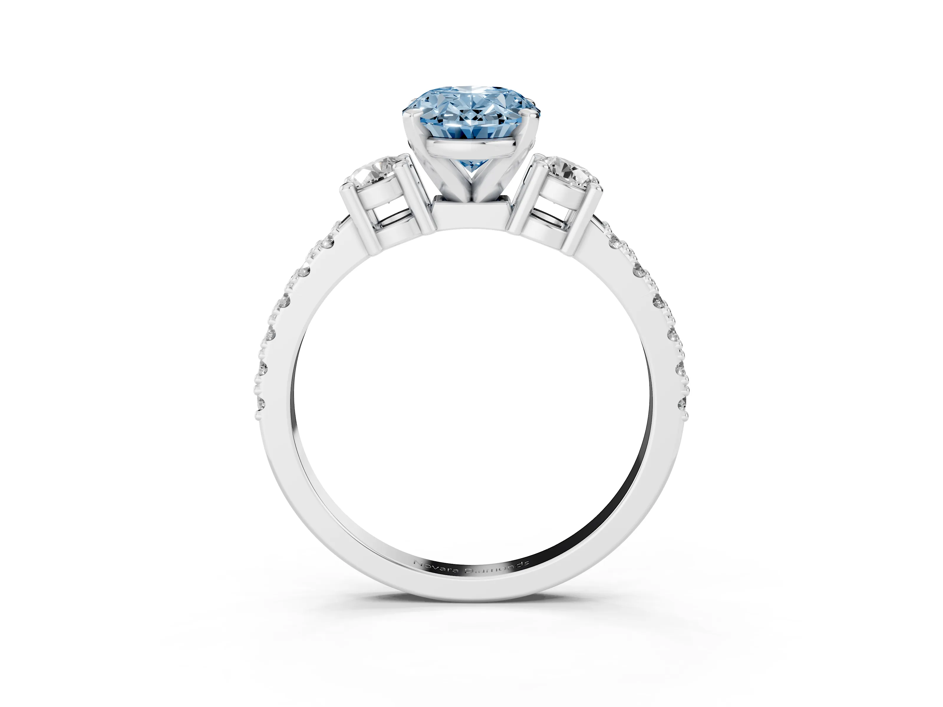 Fancy Blue Three-Stone Oval Cut Diamond Pavé Band Ring Set in White gold with Prong Setting