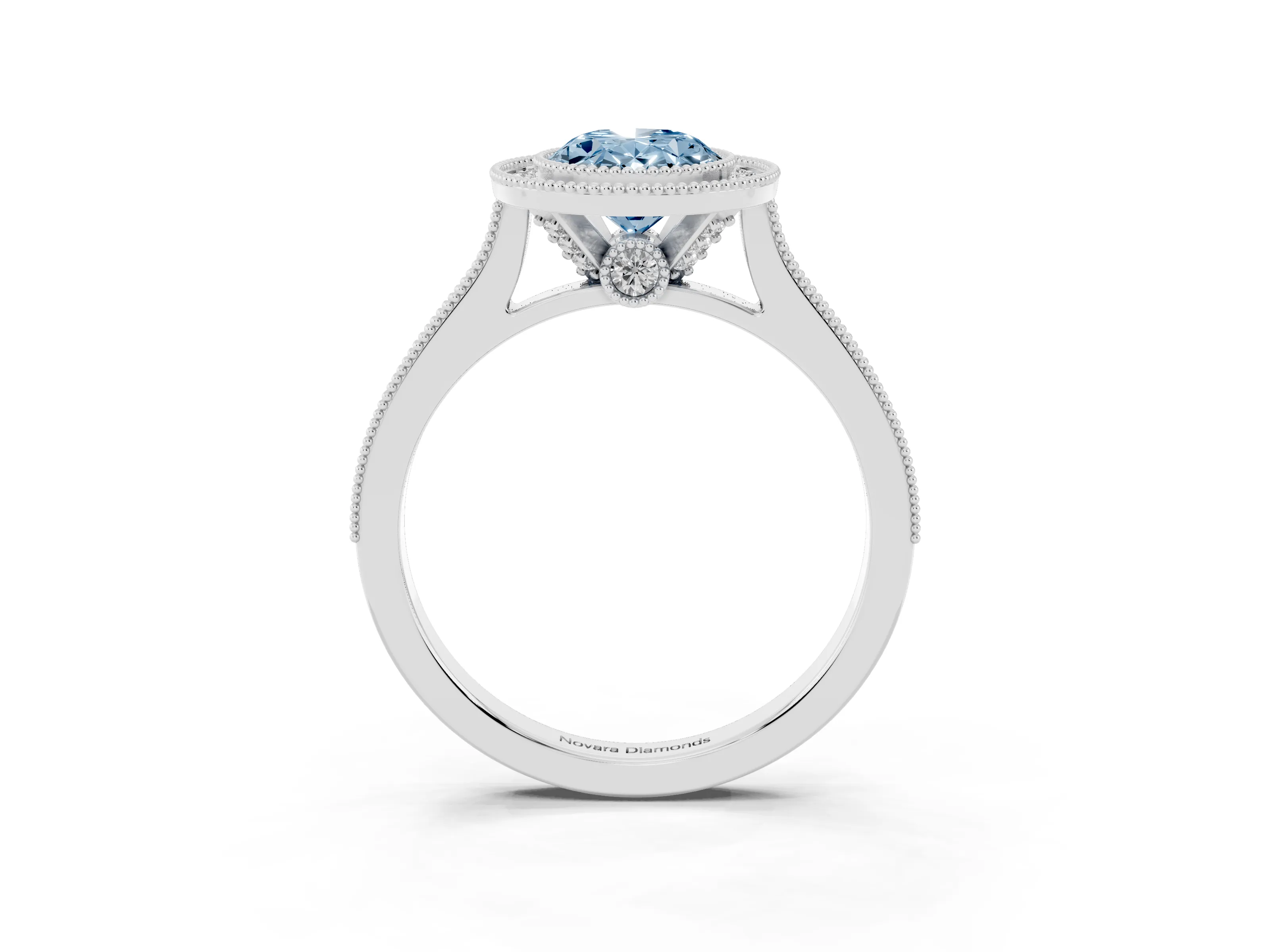 Fancy Blue Oval Cut Diamond Halo Milgrain Pavé Band Ring Set in Silver with Prong Setting