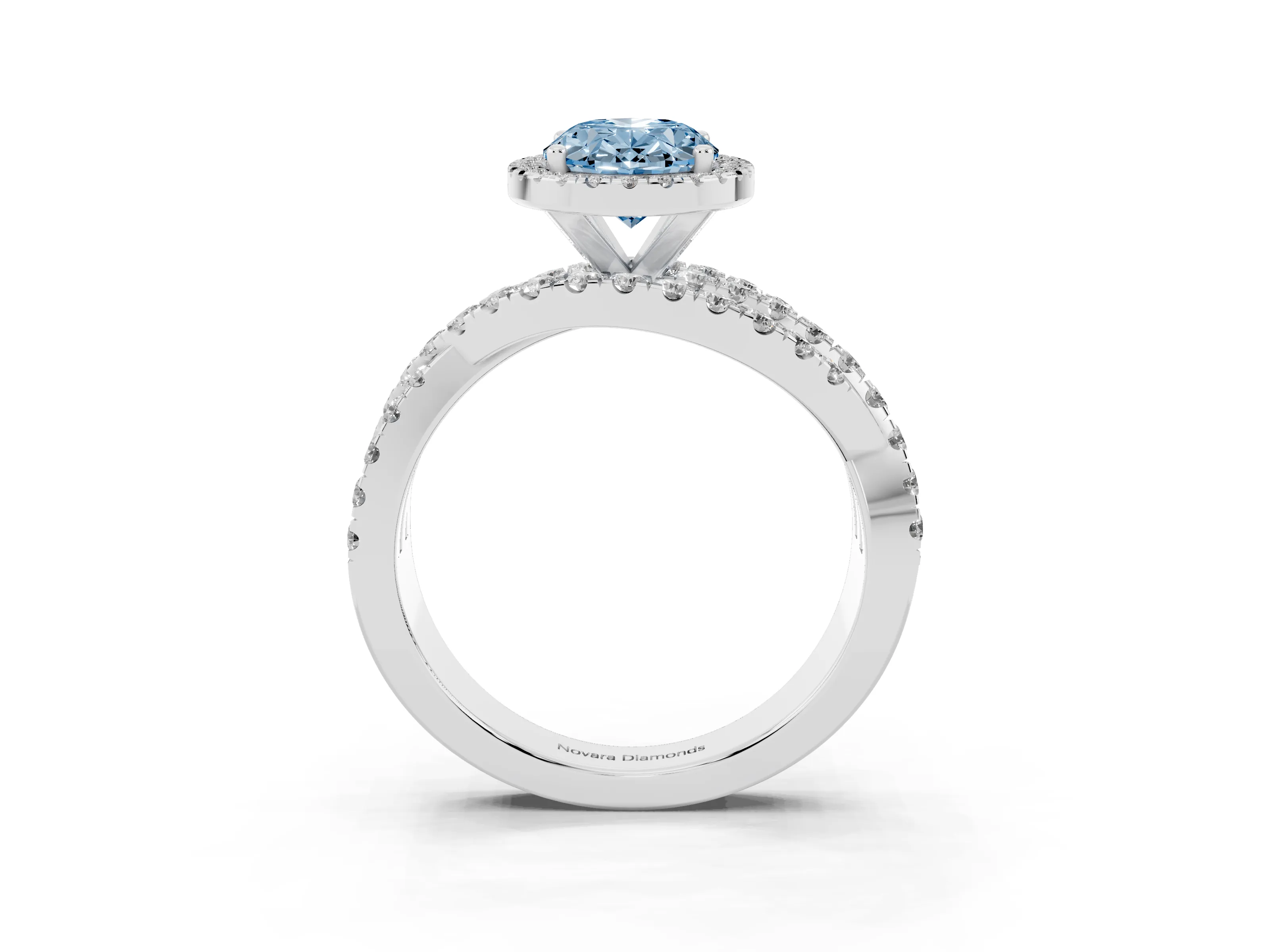 Fancy Blue Oval Cut Diamond Halo Ring Set in Platinum with Round Crossover Split Shank and Prong Setting