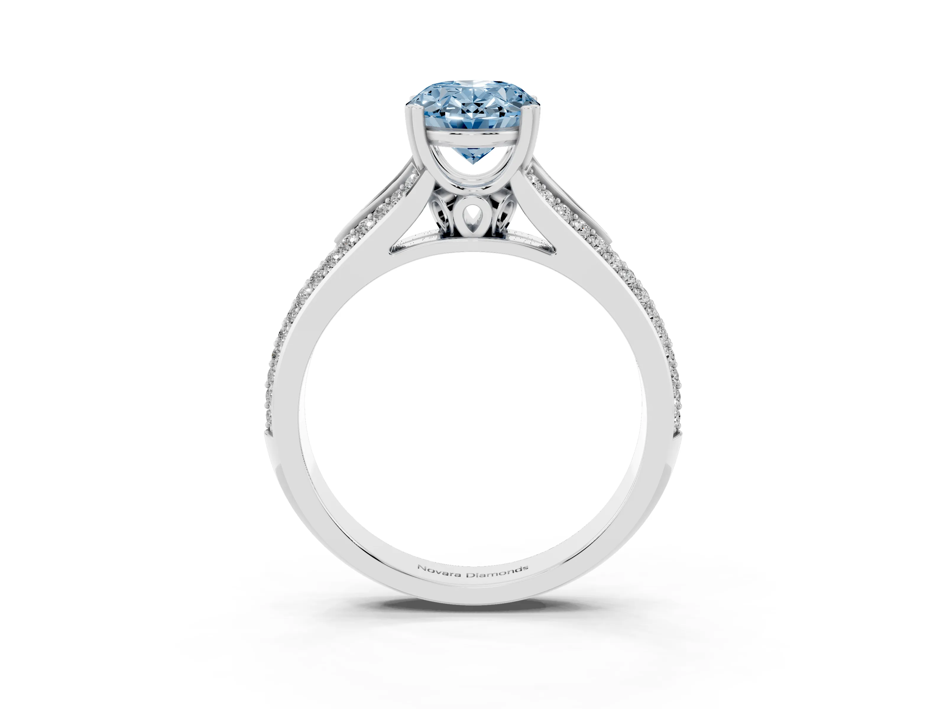 Fancy Blue Oval Cut Diamond Split Shank Pavé Engagement Ring Set in White gold with Prong-Set Center Stone