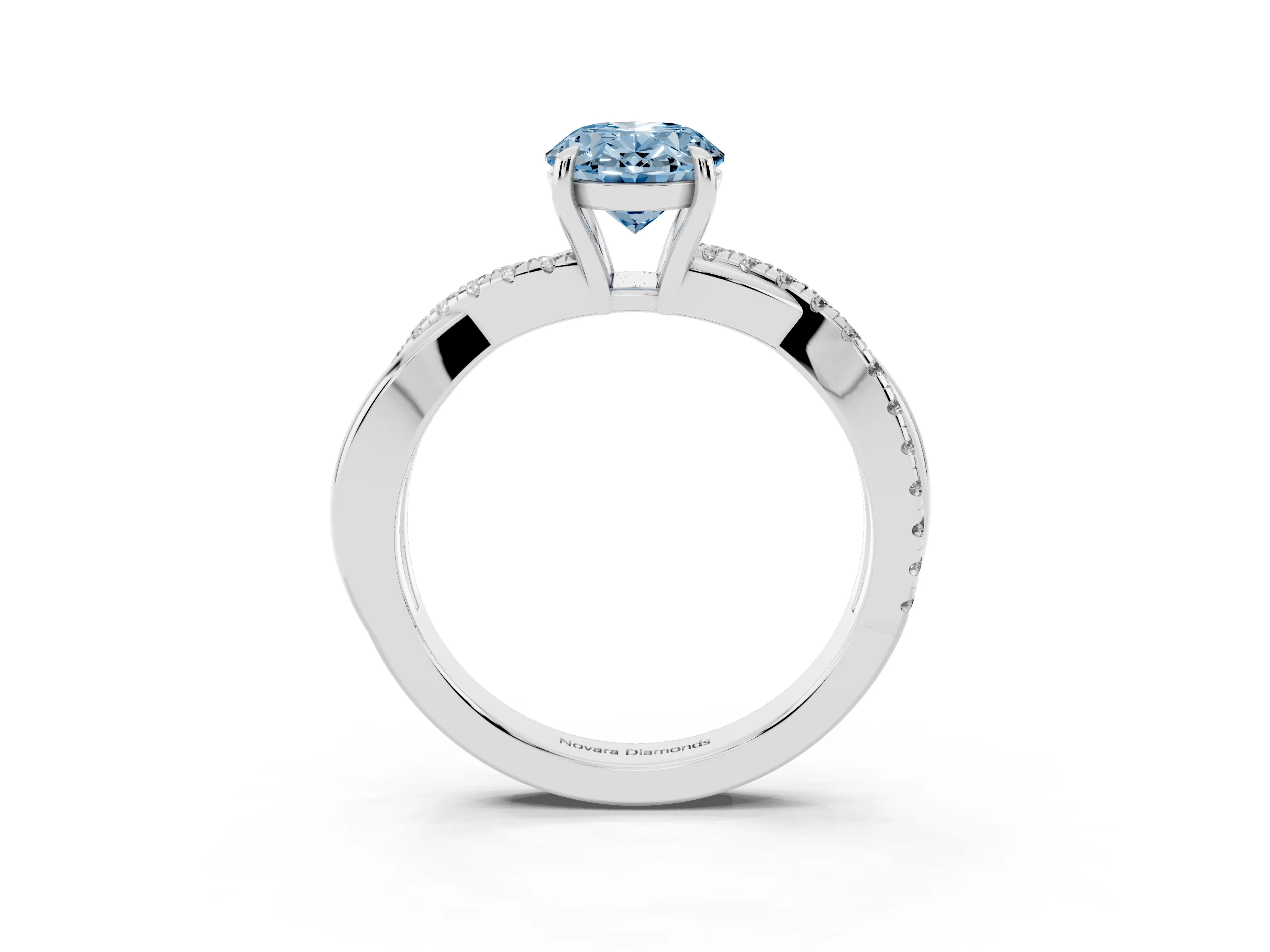 Fancy Blue Oval Cut Diamond Twisted Pavé Band Ring Set in Silver with Prong Setting