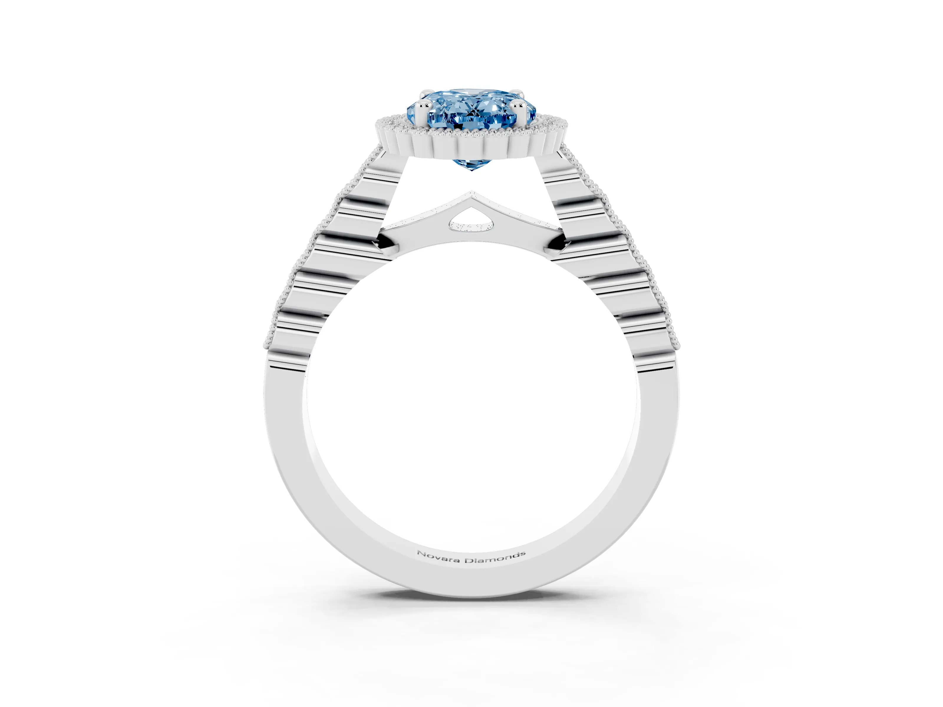 Fancy Blue Oval Cut Diamond Halo Ring Set in Platinum with Pavé Milgrain Band