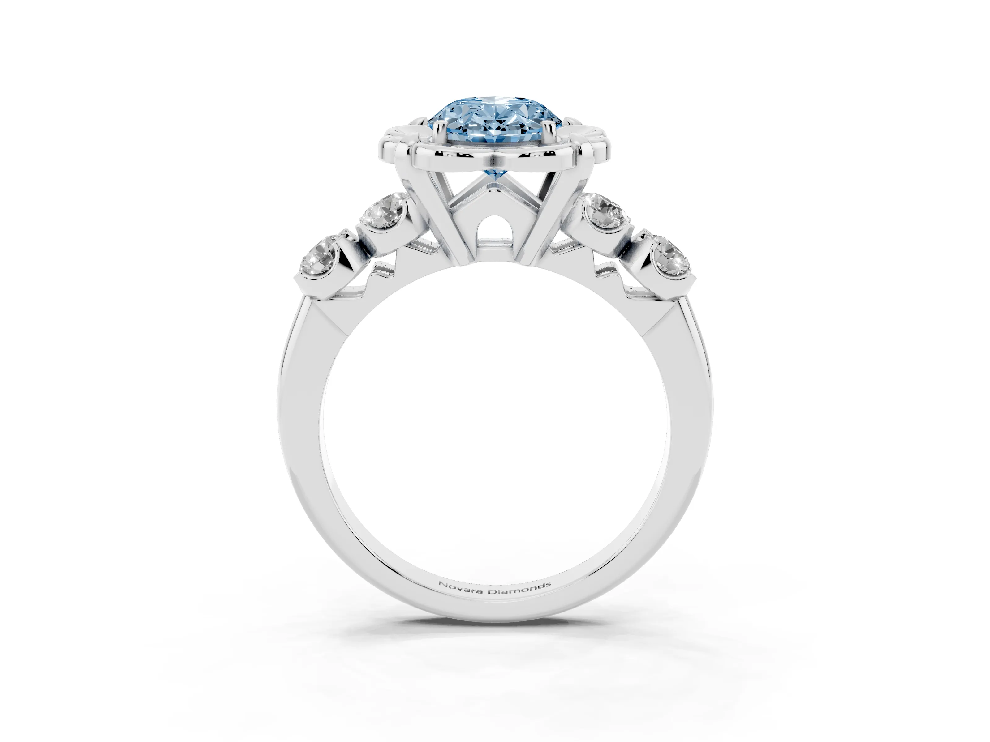 Fancy Blue Oval Cut Diamond Floral Halo Ring Set in Silver with Shared Prong Band