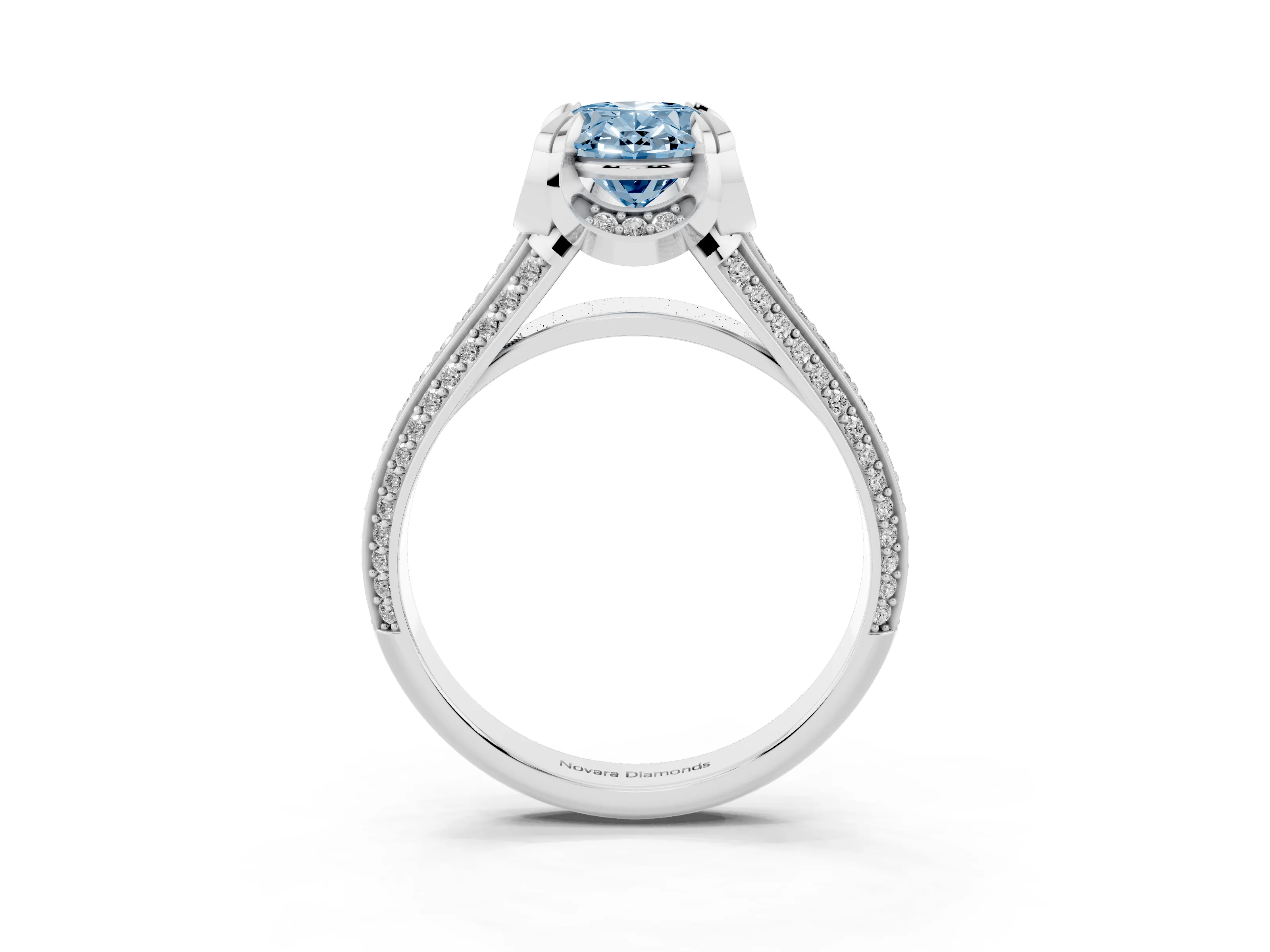 Fancy Blue Oval Cut Diamond Pavé Split Shank Solitaire Ring Set in White gold with Prong Setting