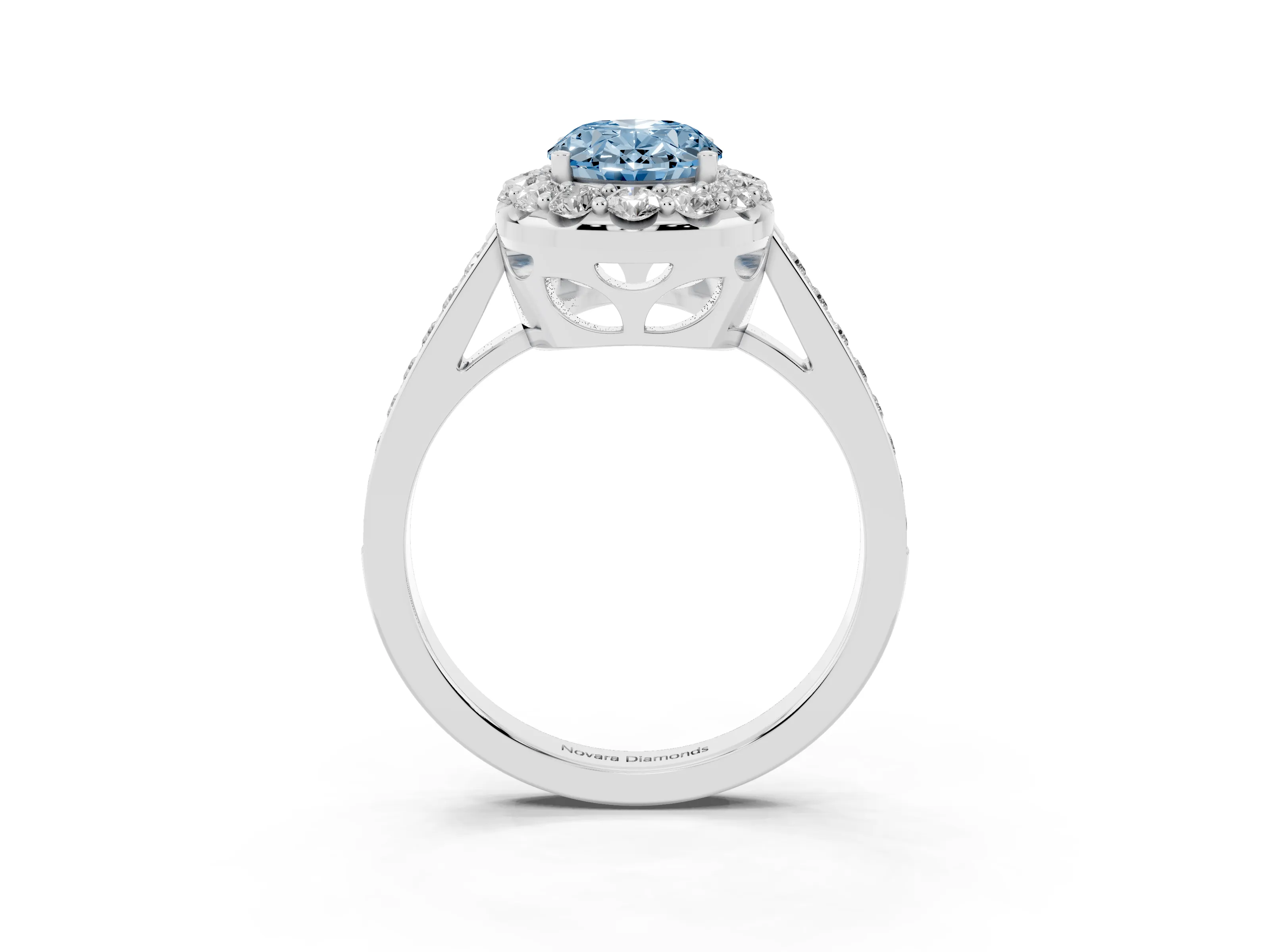 Fancy Blue Oval Cut Diamond Floral Halo Ring Set in Silver with Pavé Band and Prong Setting