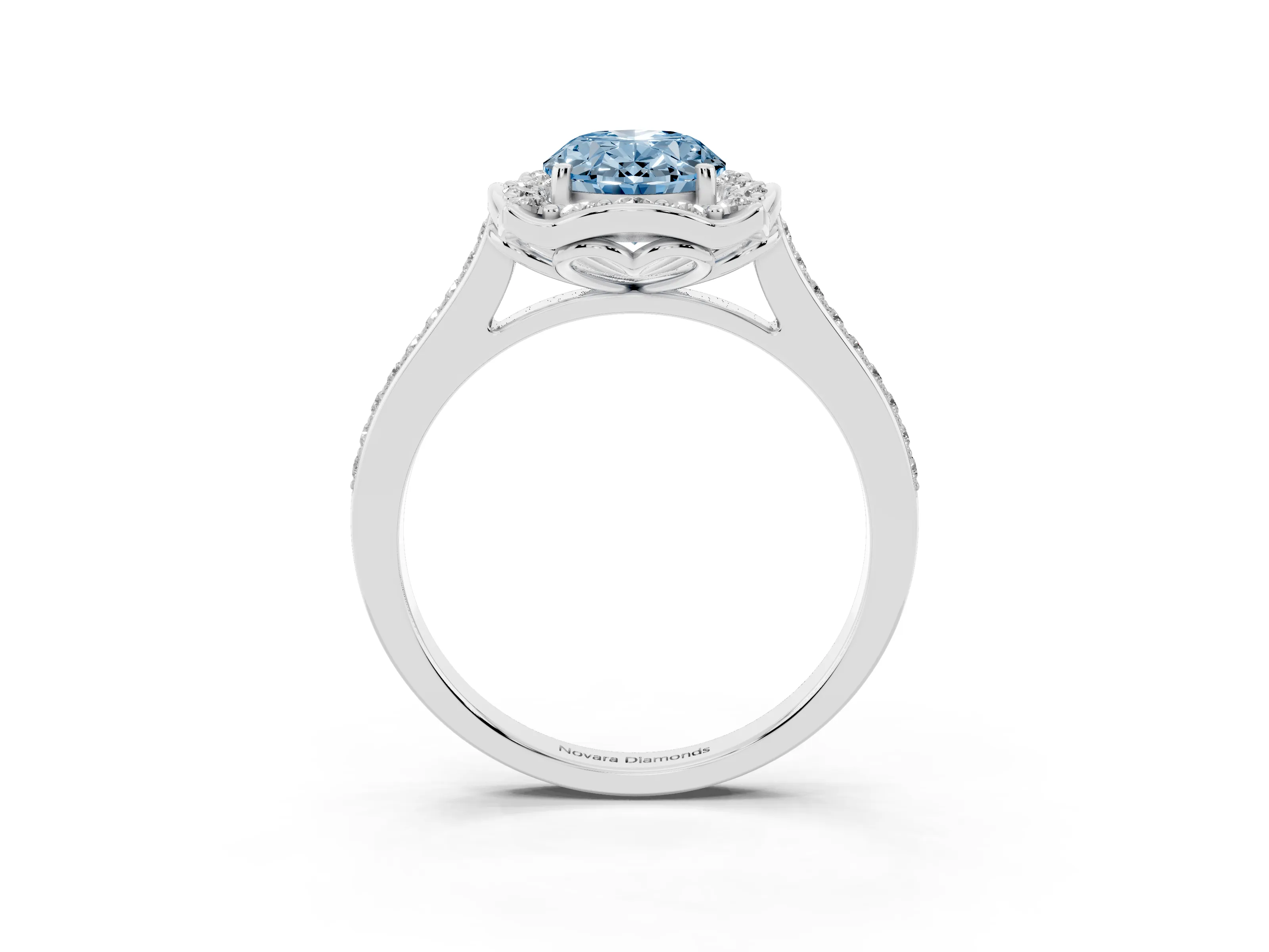 Fancy Blue Oval Cut Diamond Halo Ring Set in Silver with Pavé-Lined Shoulders and Prong Setting