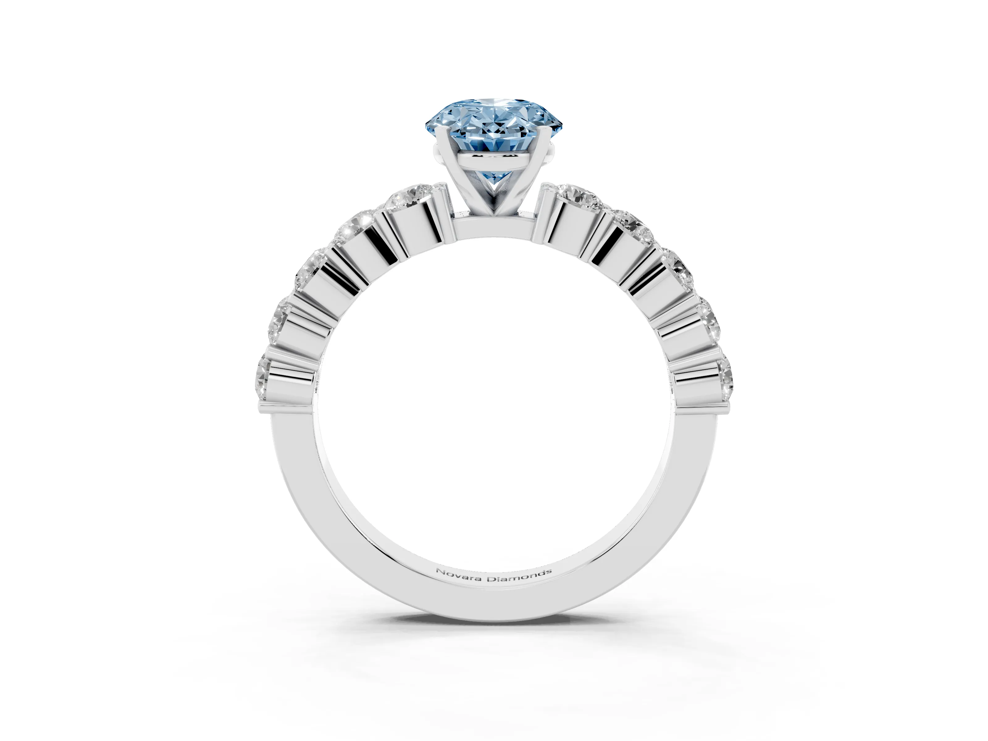 Fancy Blue Oval Cut Diamond Solitaire Ring Set in Platinum with Shared Prong Round Side Stones