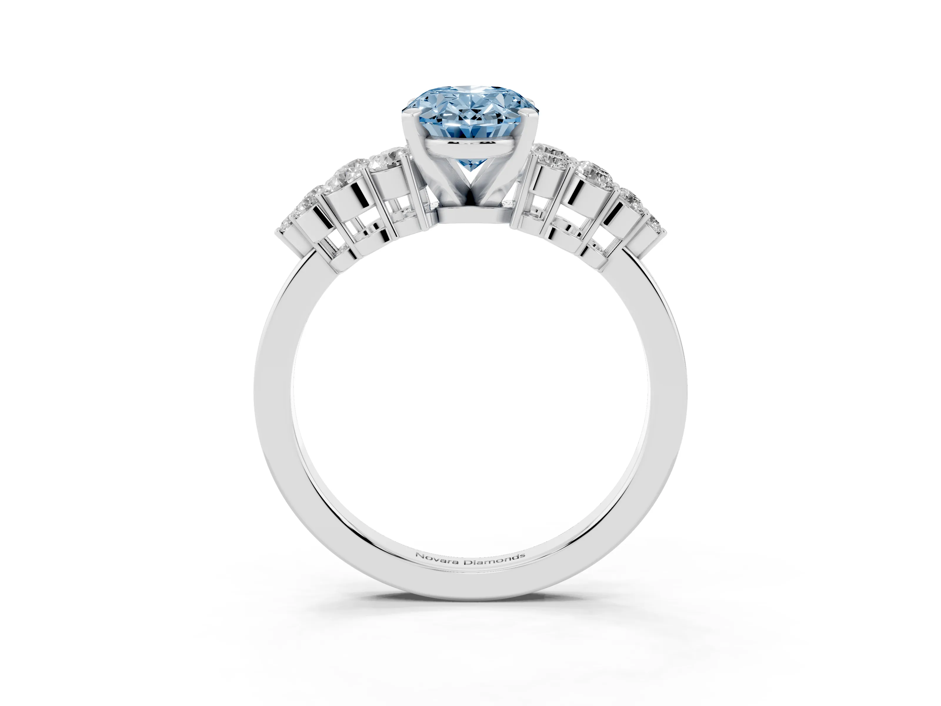 Fancy Blue Oval Cut Diamond Cluster Engagement Ring Set in Silver with Pavé Band and Prong Setting