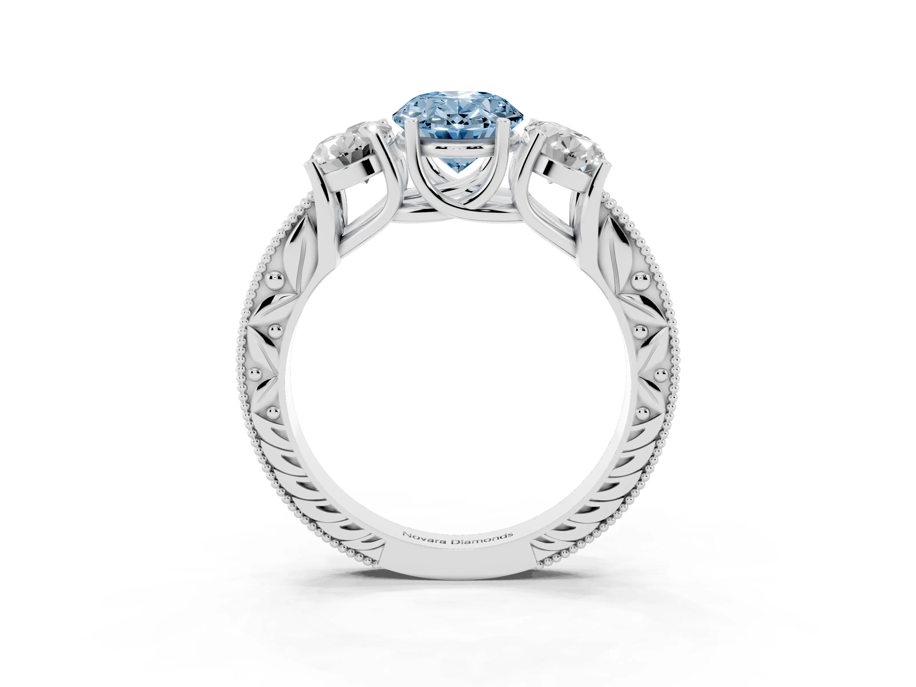 Fancy Blue Oval Cut Diamond Three-Stone Engagement Ring Set in White gold with Milgrain Pavé Band