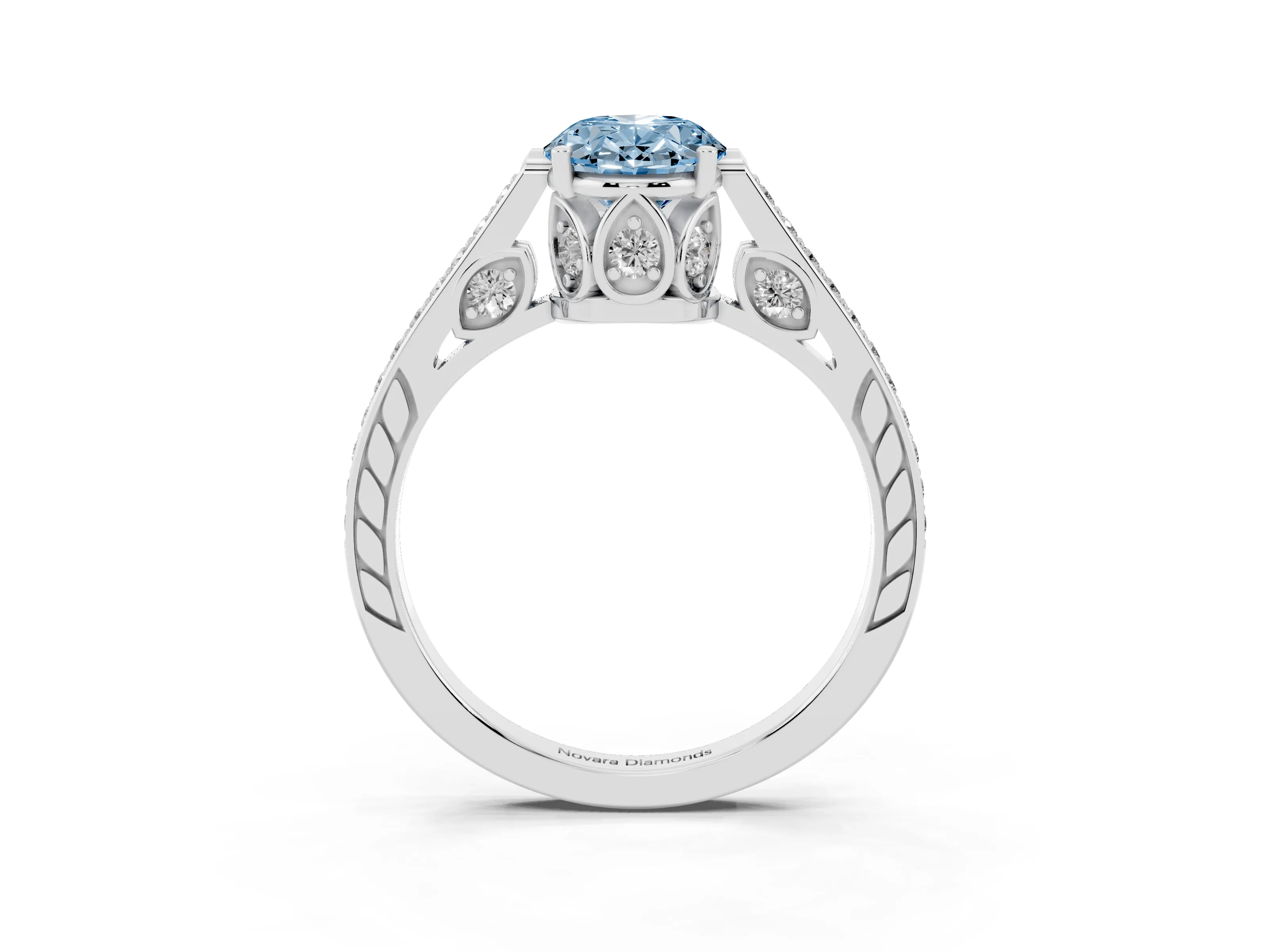 Fancy Blue Oval Cut Diamond Cathedral Pavé Engagement Ring Set in White gold with Prong Setting