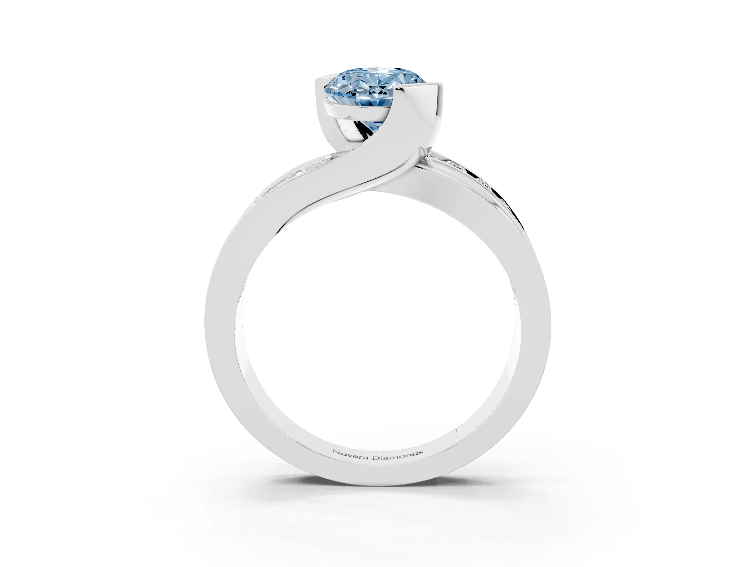 Fancy Blue Oval Cut Diamond Solitaire Ring Set in Silver with Channel Set Split Shank and Tension Prongs