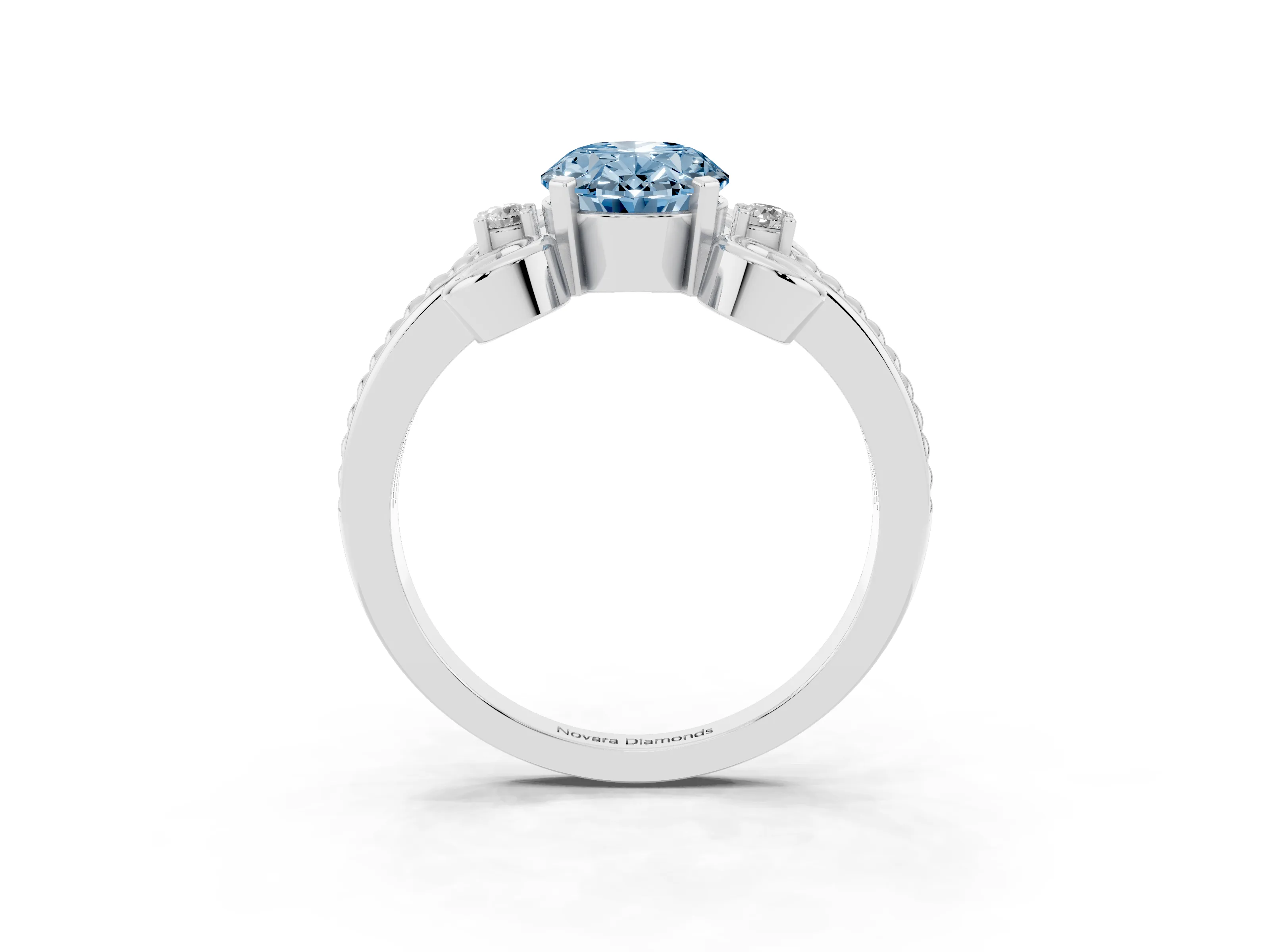 Fancy Blue Oval Cut Diamond Twisted Band Solitaire Ring Set in Silver with Scroll Prongs