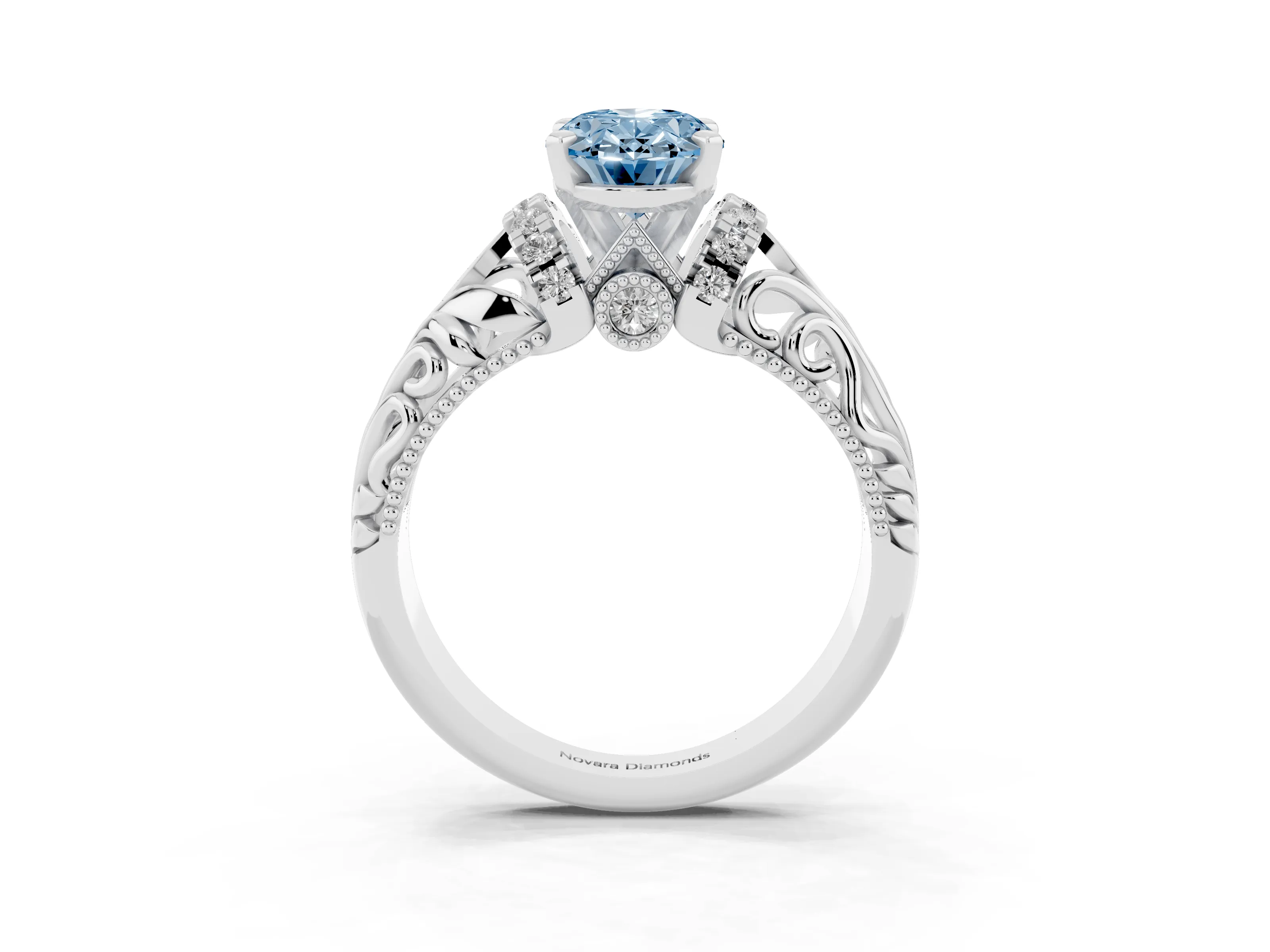 Fancy Blue Oval Cut Diamond Filigree Halo Engagement Ring Set in White gold with Prong Setting