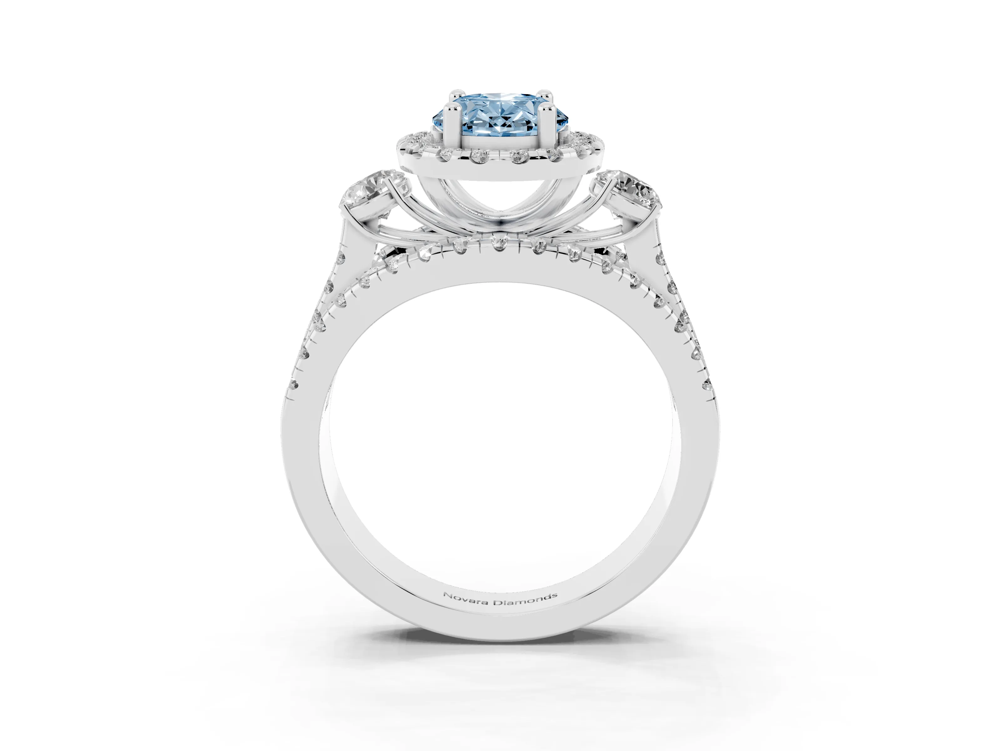 Fancy Blue Oval Cut Diamond Halo Split Shank Ring Set in Platinum with Round Accent Stones and Prong Setting