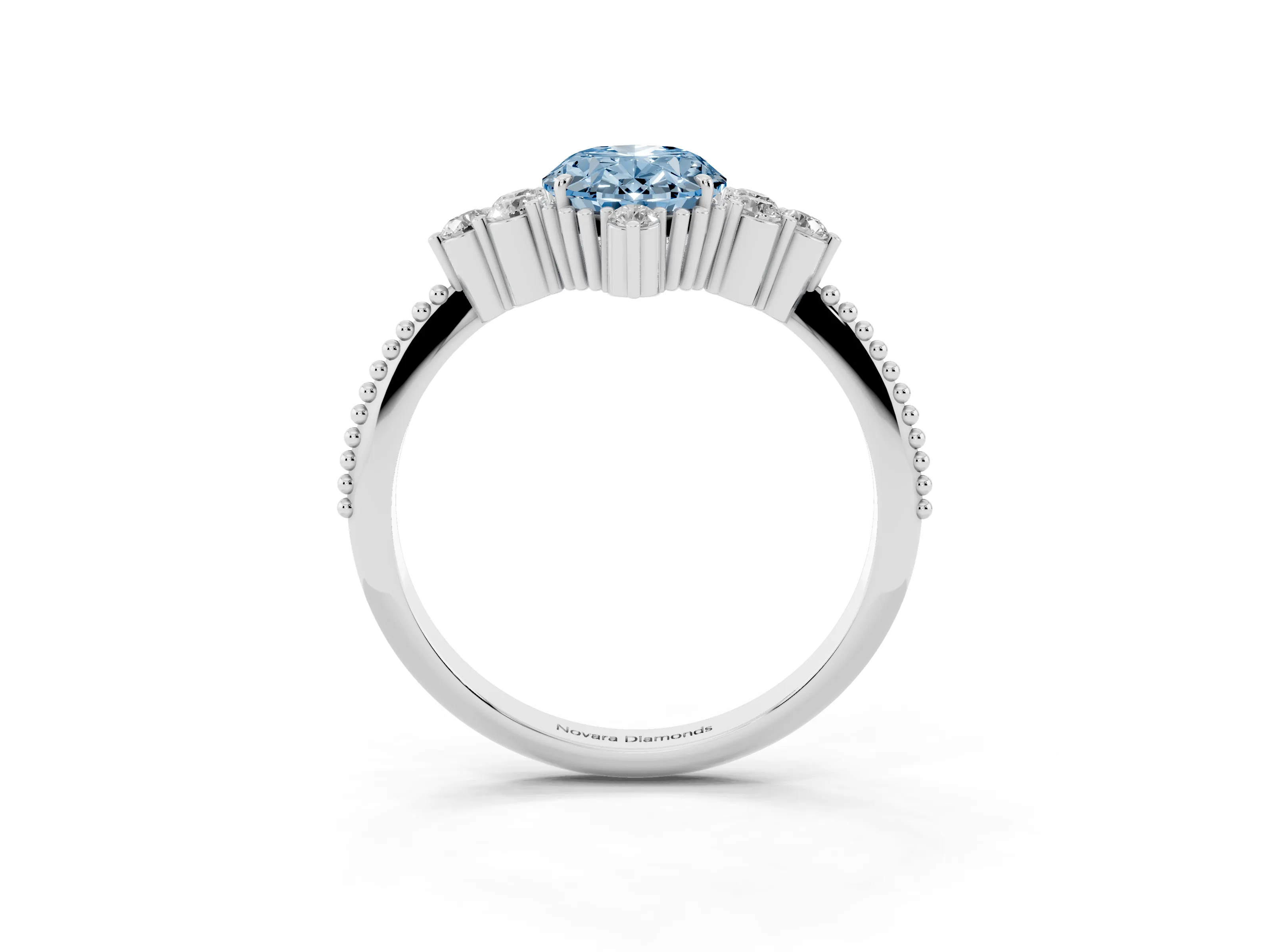Fancy Blue Oval Cut Diamond Cluster Ring Set in Platinum with Beaded Band