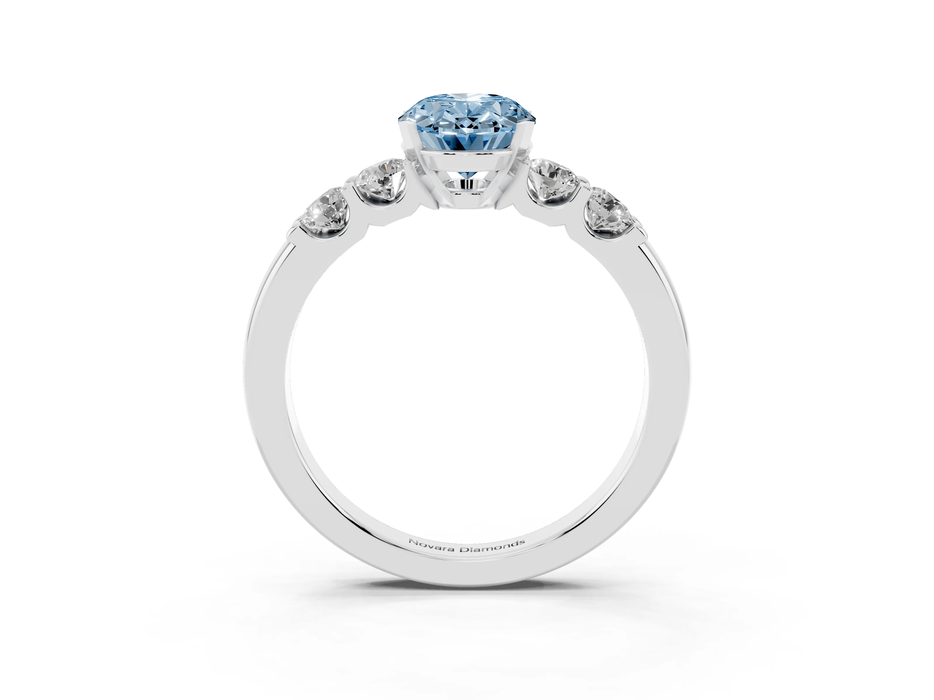 Fancy Blue Oval Cut Diamond Five-Stone Prong Set Engagement Ring Set in Silver with Channel Band