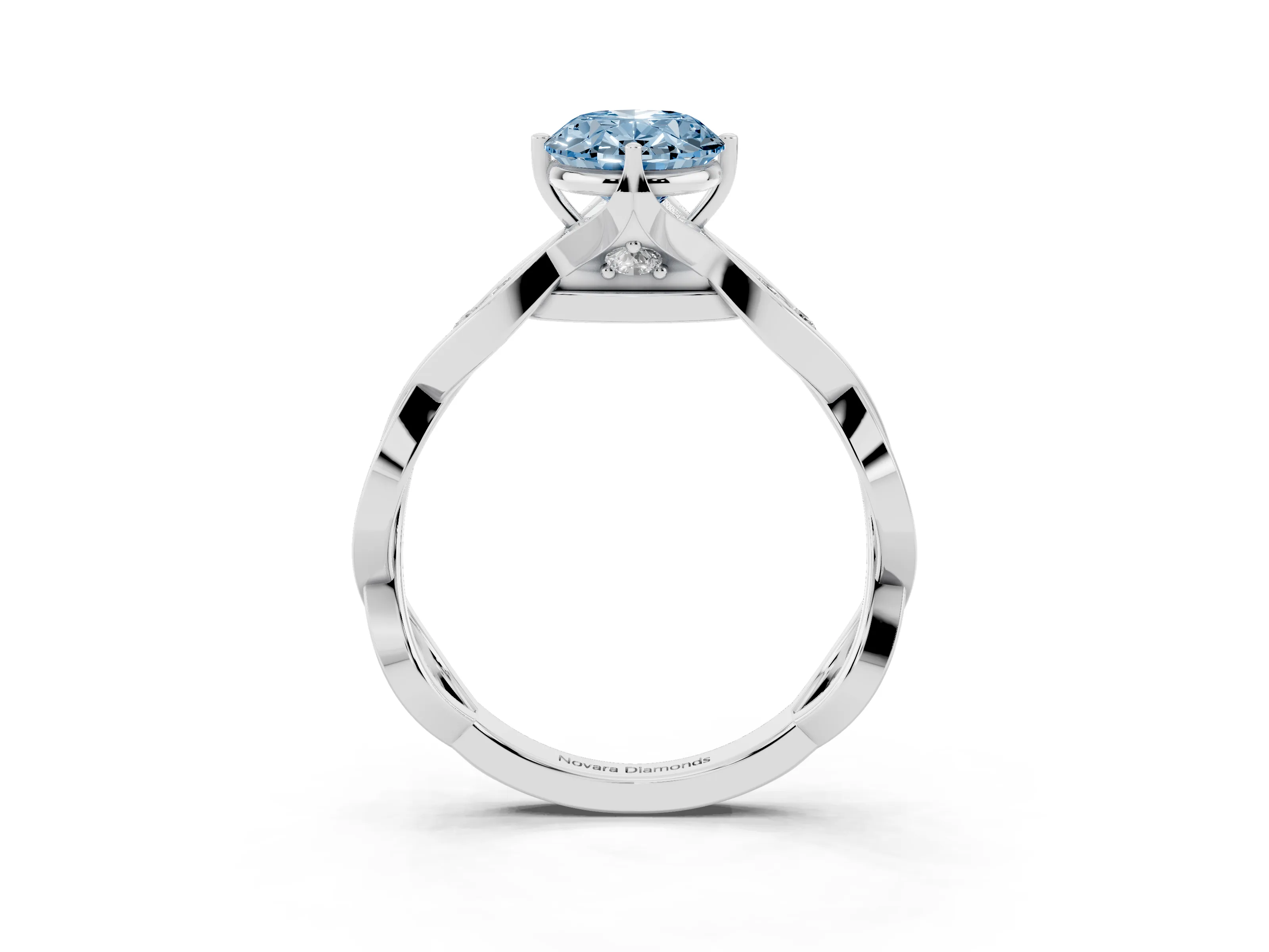Fancy Blue Oval Cut Diamond Twist Band Solitaire Ring Set in Silver with Leaf Prong Setting and Accent Stones