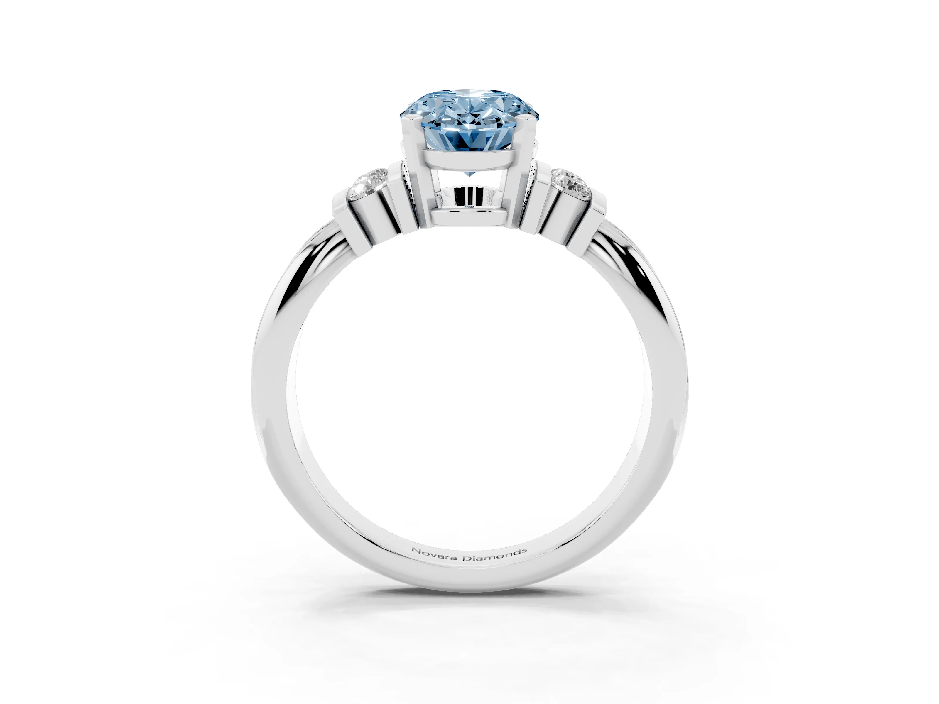 Fancy Blue Three-Stone Oval Cut Diamond Channel Set Ring Set in White gold with Bar Prongs