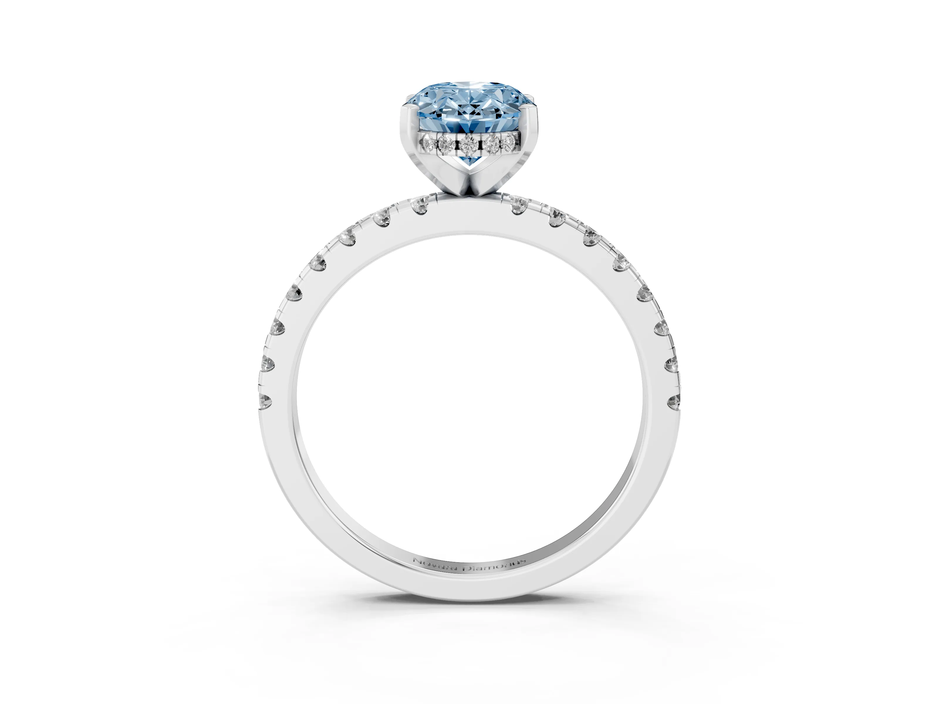 Fancy Blue Oval Cut Diamond Pavé Solitaire Ring Set in Platinum with Round Band Accents and Prong Setting