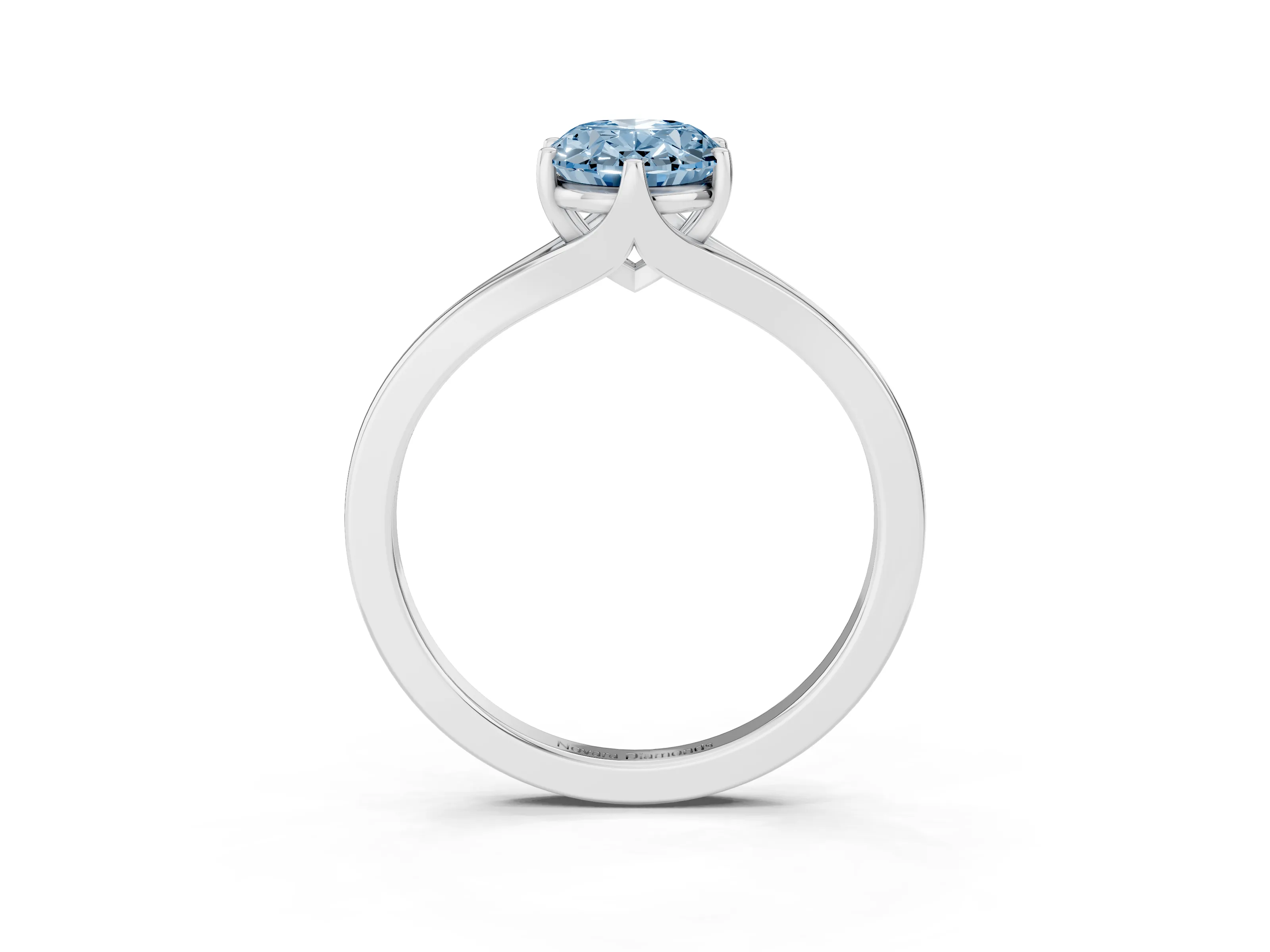 Fancy Blue Oval Cut Diamond Solitaire Ring Set in Silver with Polished Tapered Band and Prong Setting