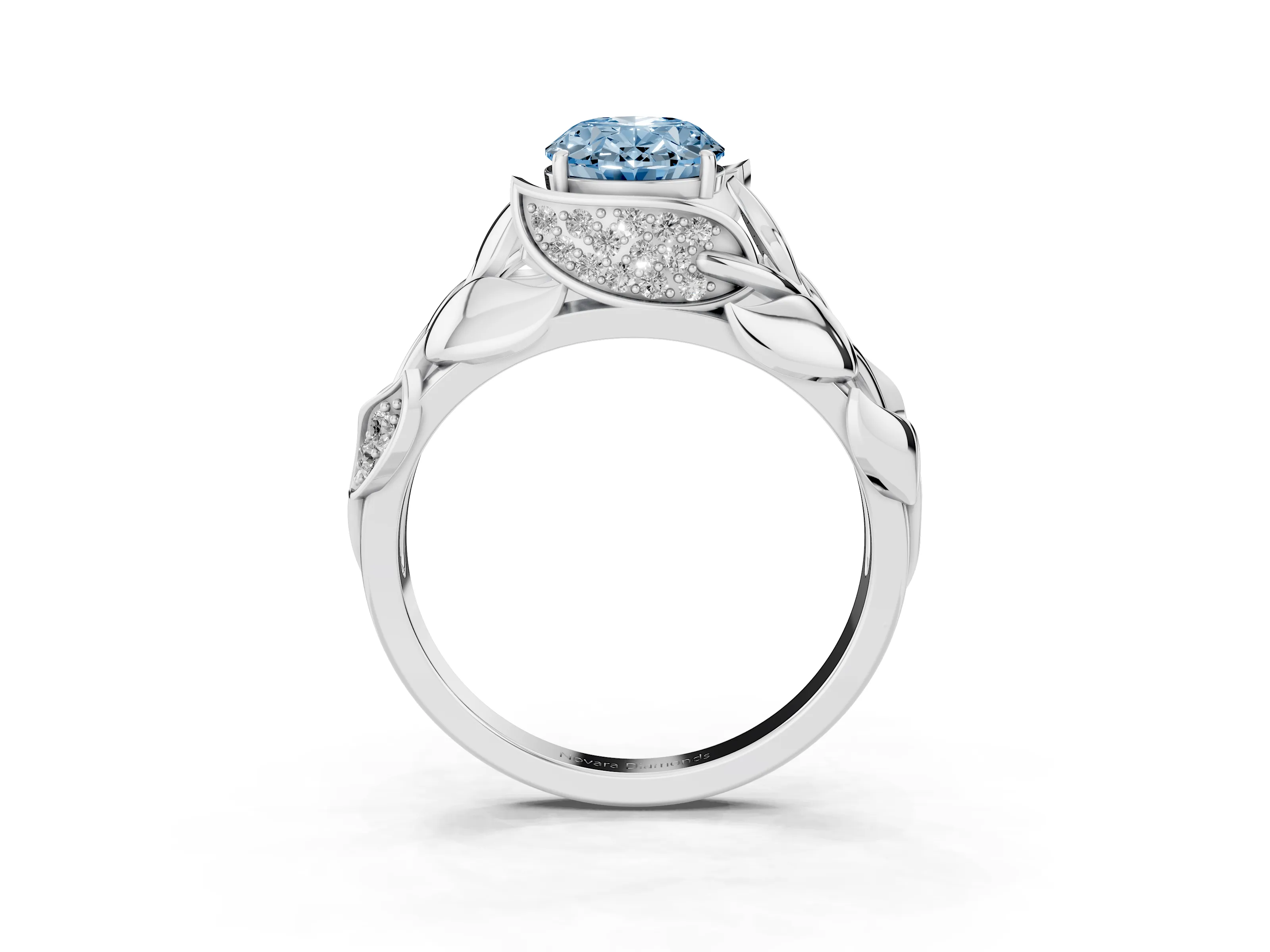 Fancy Blue Oval Cut Diamond Leaf-Inspired Engagement Ring Set in White gold with Round Accents