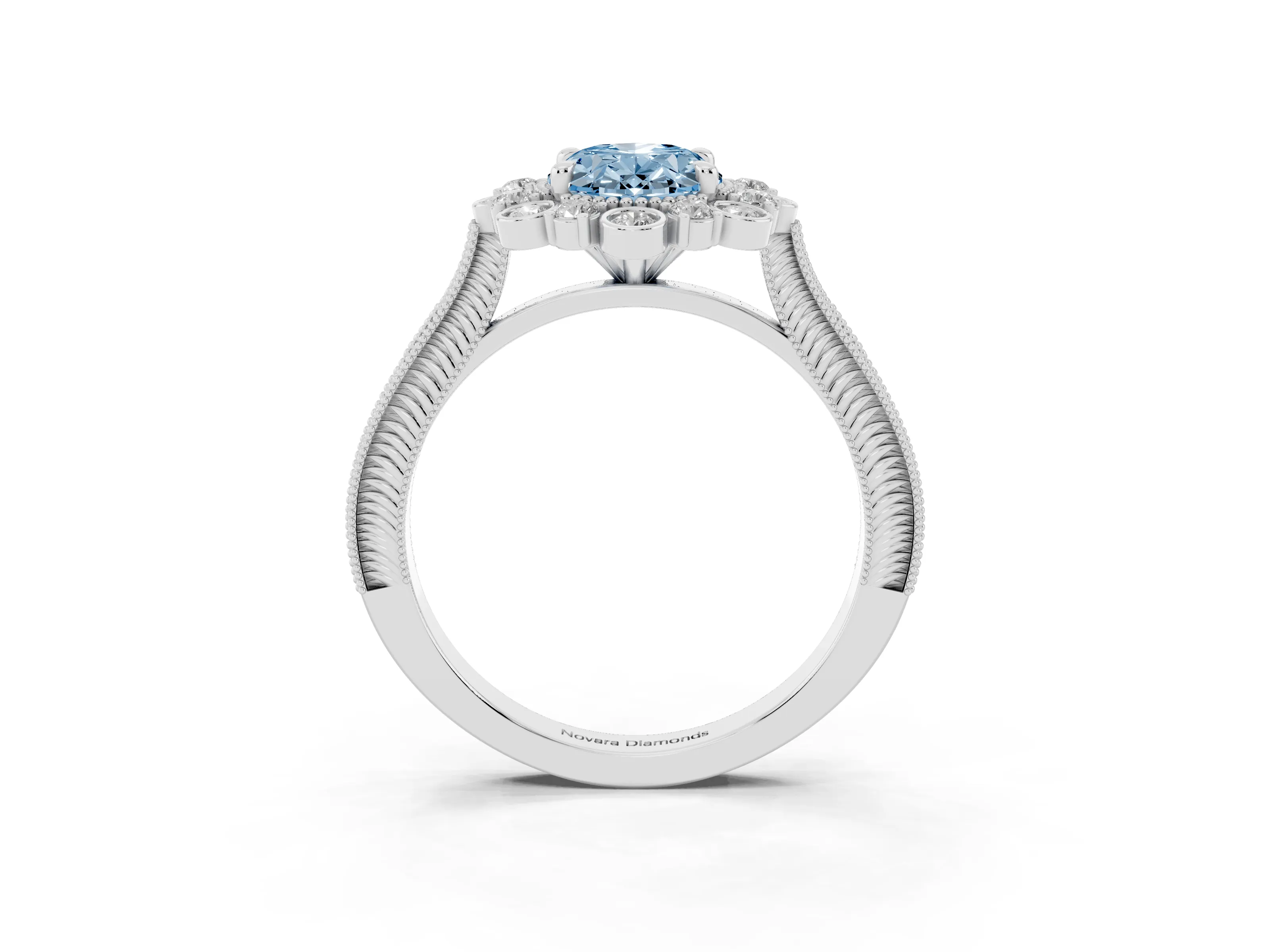 Fancy Blue Oval Cut Diamond Halo Milgrain Pavé Ring Set in Silver with Prong Setting