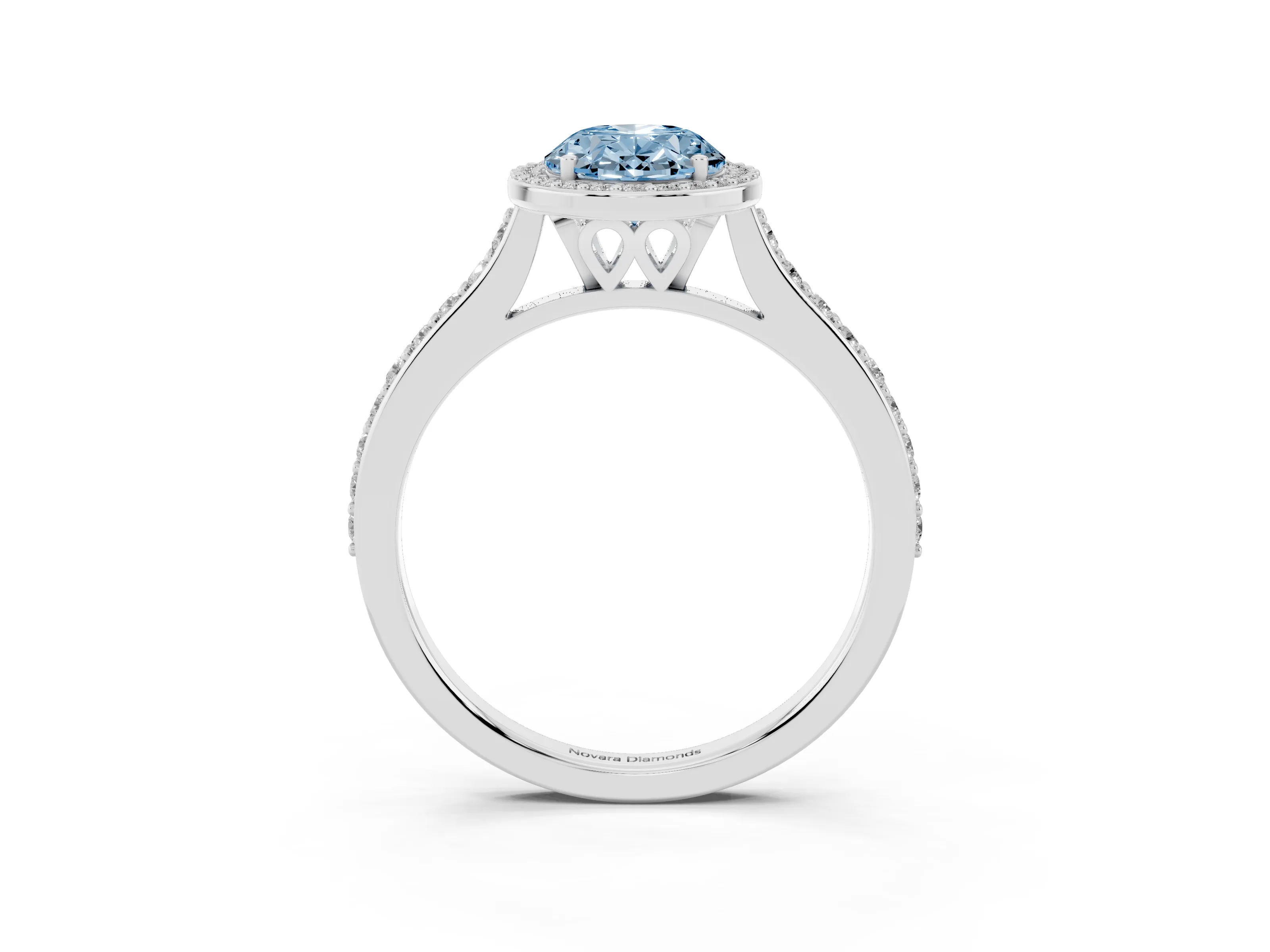 Fancy Blue Oval Cut Diamond Halo Engagement Ring Set in White gold with Round Pavé Shoulders and Heart Gallery
