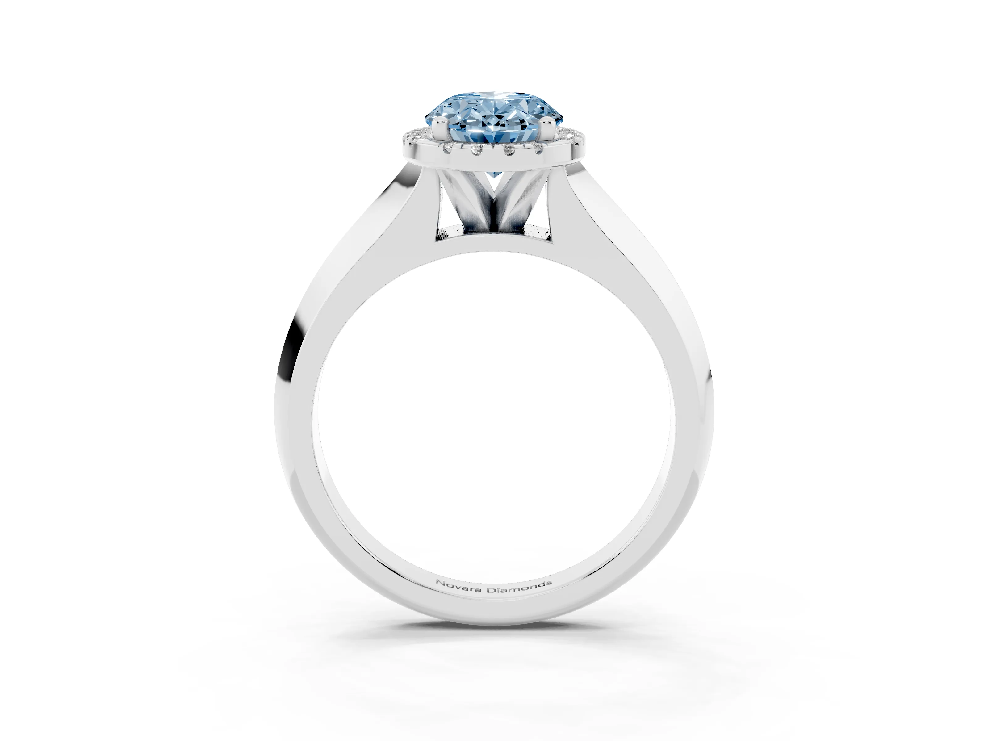 Fancy Blue Oval Cut Diamond Halo Ring Set in White gold with Cathedral Band and Prong Setting