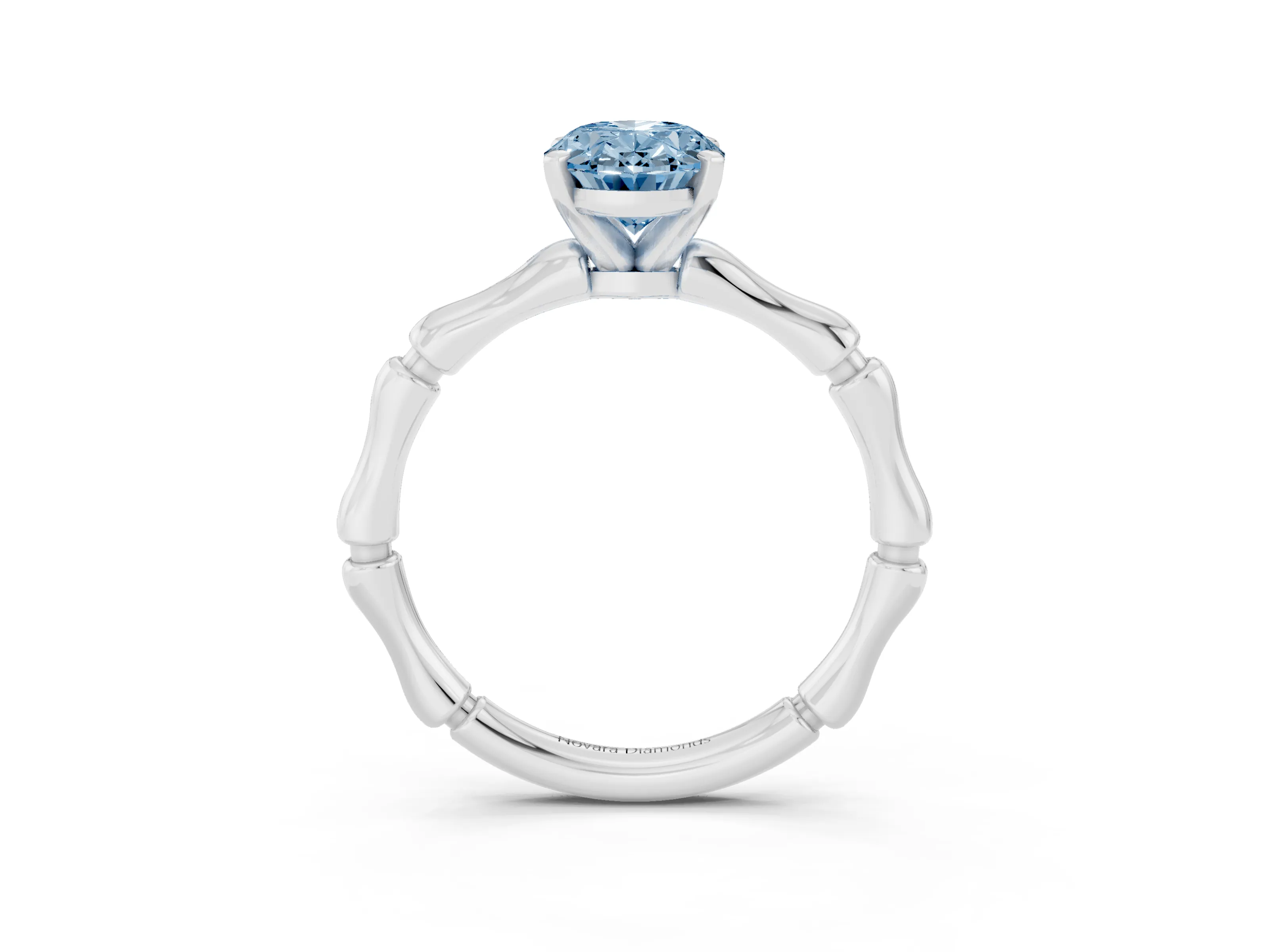 Fancy Blue Oval Cut Diamond Solitaire Ring Set in Silver with Bamboo Band and Prong Setting