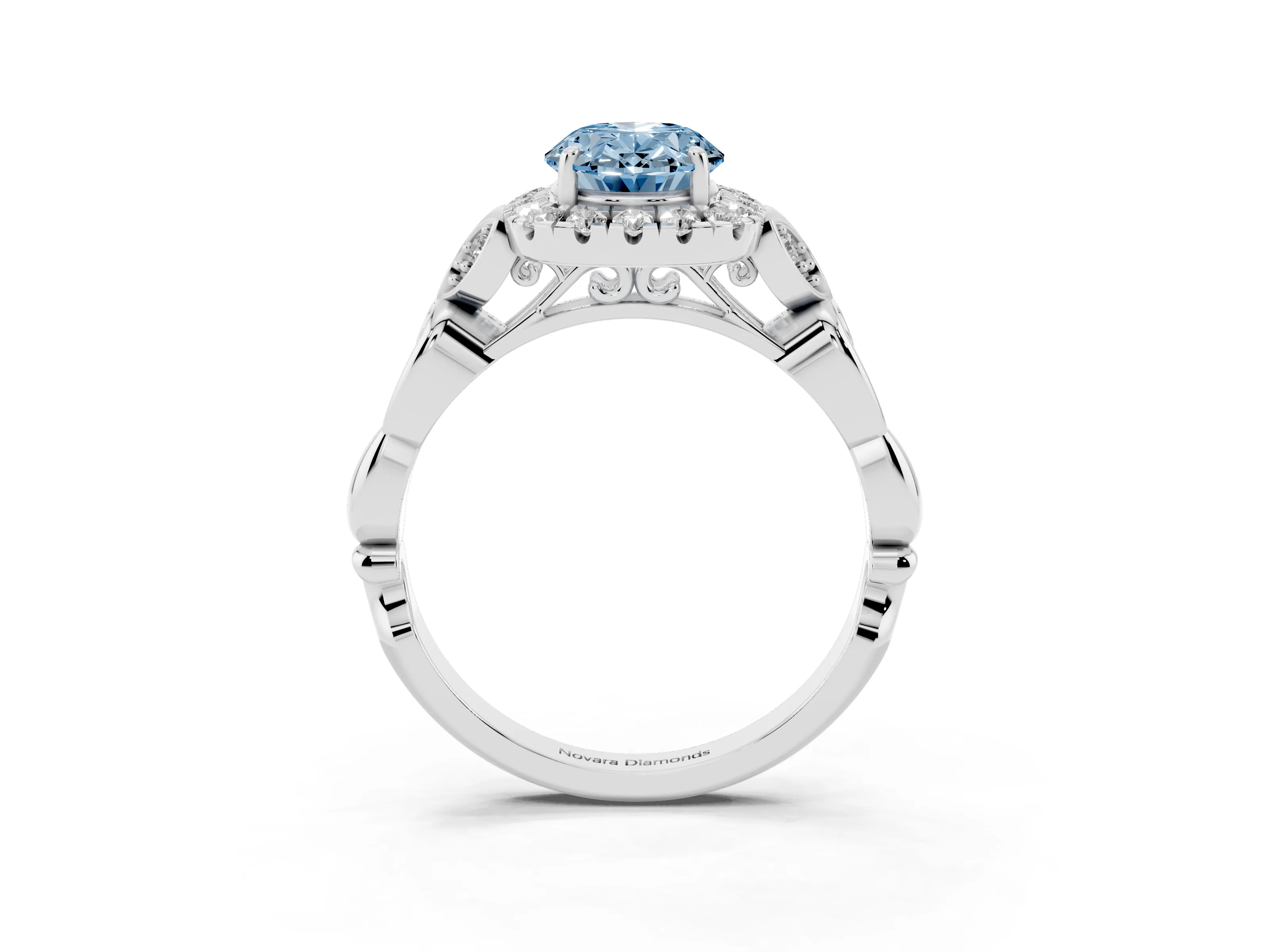 Fancy Blue Oval Cut Diamond Halo Engagement Ring Set in White gold with Vintage-Inspired Band and Prong Setting