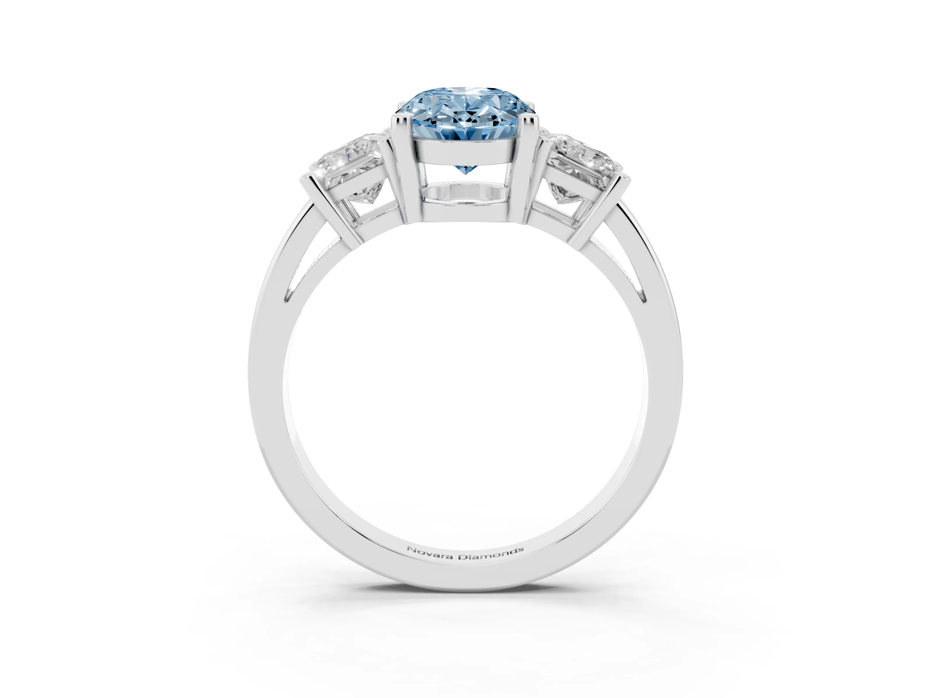 Fancy Blue Three-Stone Oval Cut Diamond Solitaire Ring Set in Platinum with Prong Setting