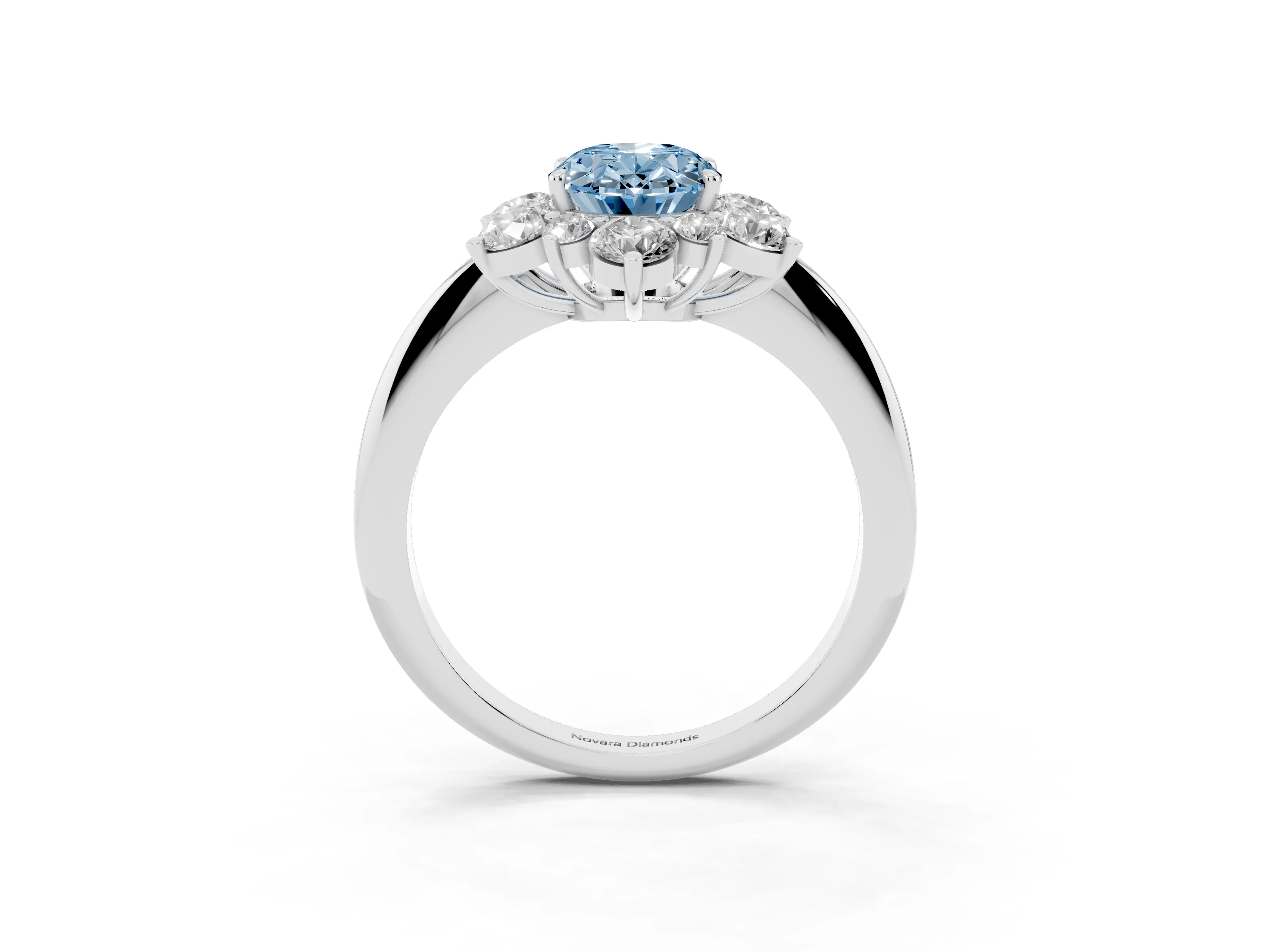 Fancy Blue Oval Cut Diamond Cluster Halo Ring Set in Platinum with Solitaire Band and Prong Setting