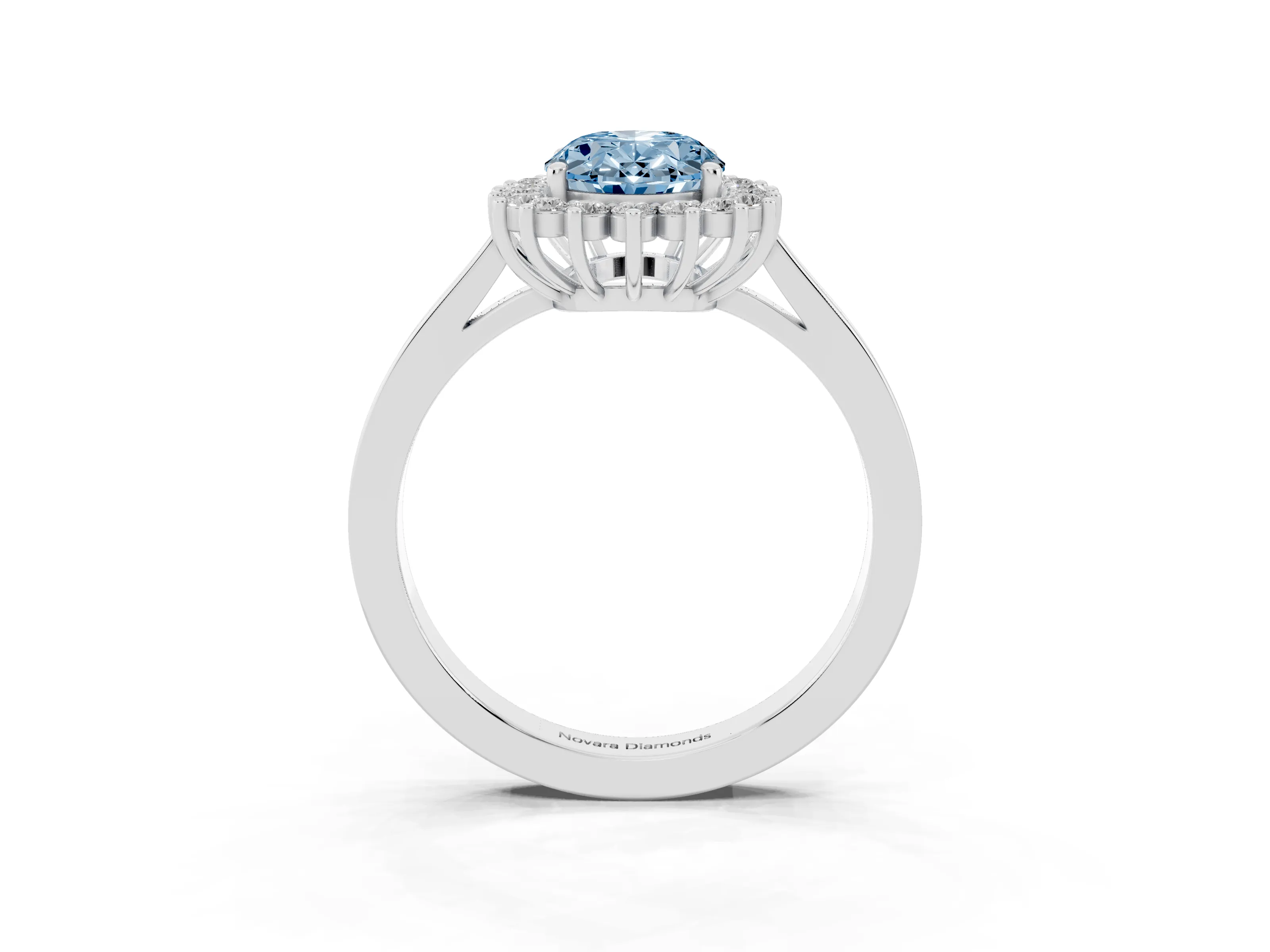 Fancy Blue Oval Cut Diamond Halo Ring Set in White gold with Round Halo and Smooth Solitaire Band