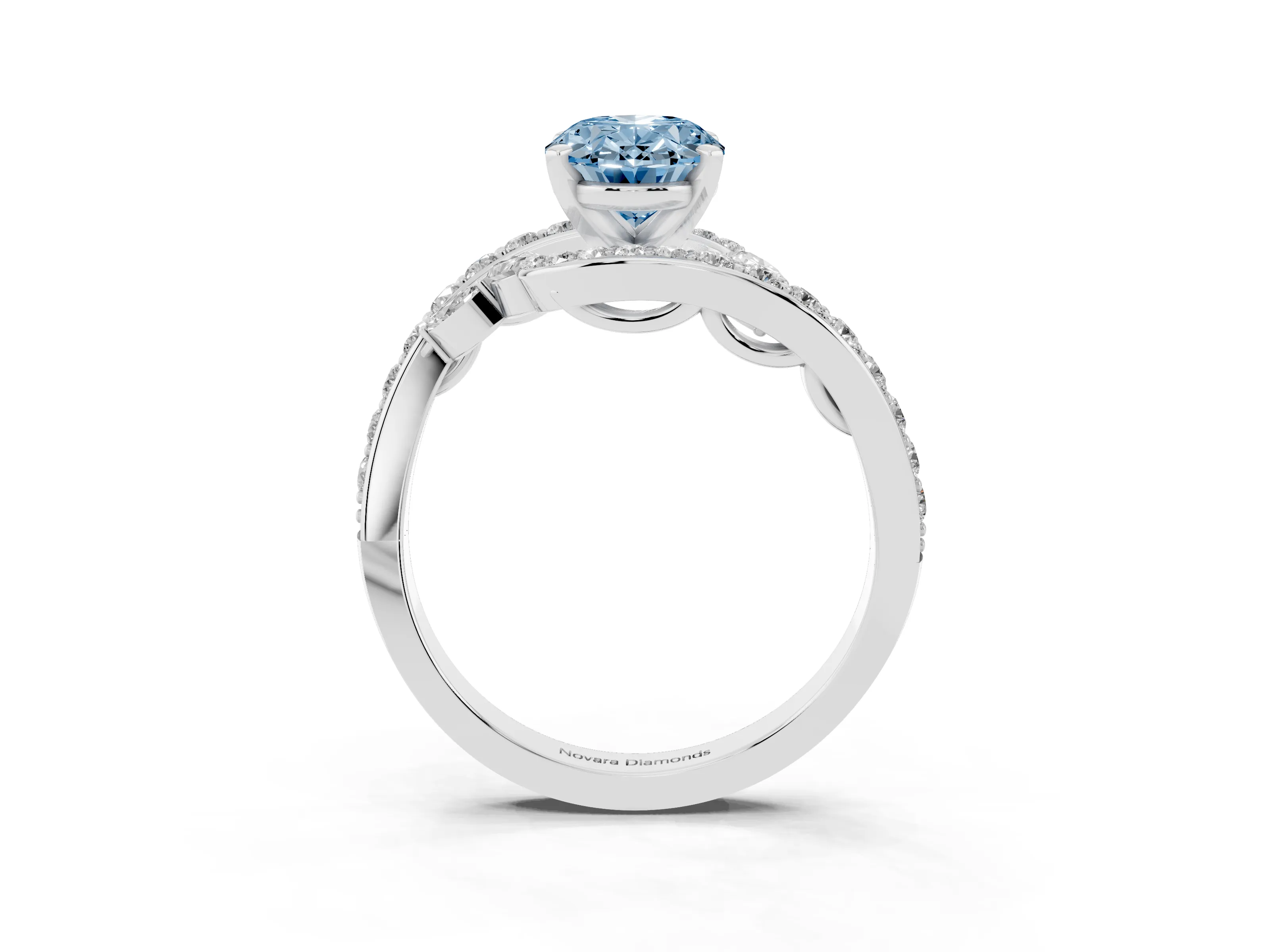 Fancy Blue Oval Cut Diamond Solitaire Ring Set in Silver with Pavé Twist Band and Secure Prong Setting