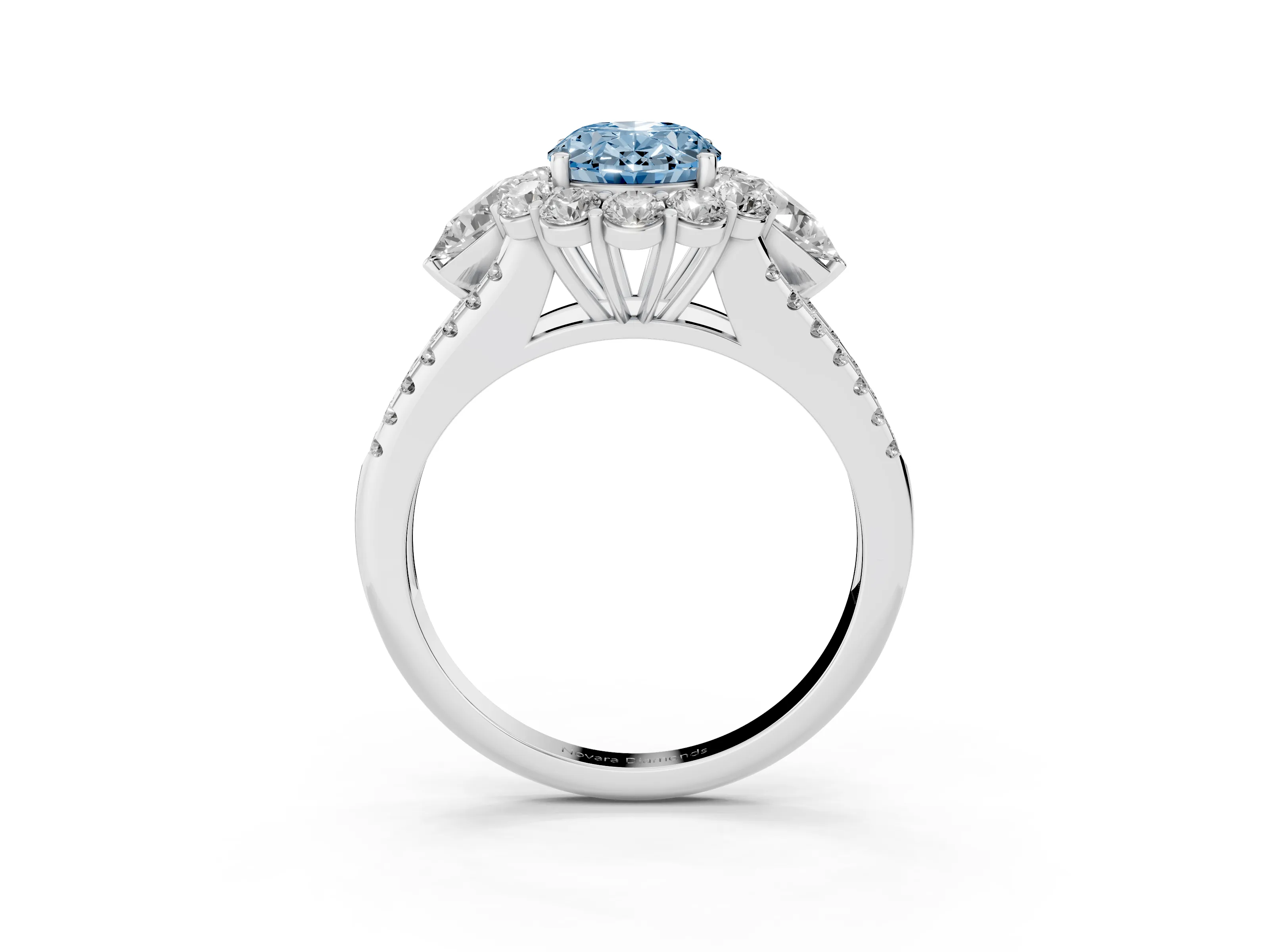 Fancy Blue Oval Cut Diamond Halo Split Shank Engagement Ring Set in Silver with Prong-Held Center Stone