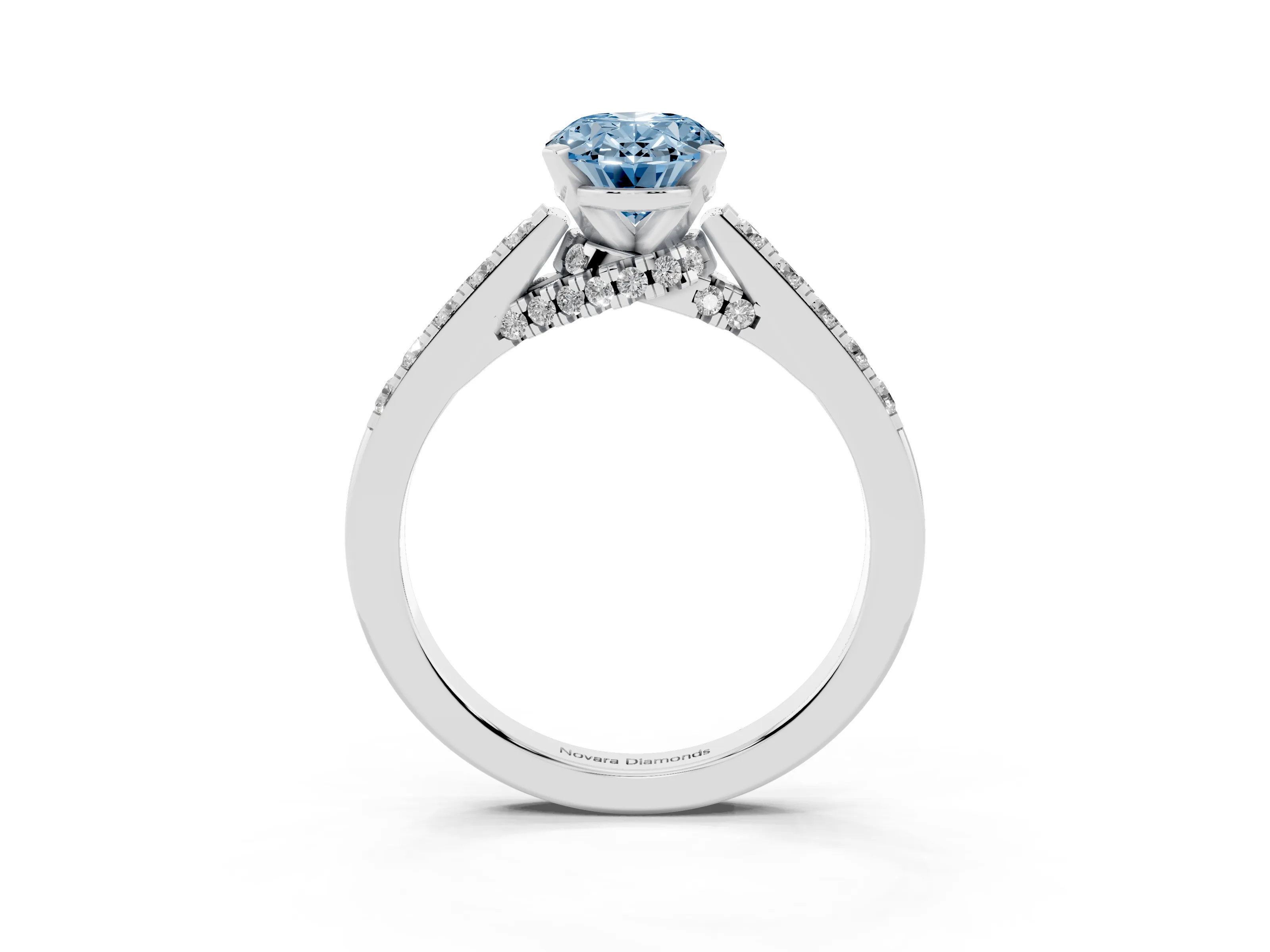 Fancy Blue Oval Cut Diamond Solitaire Ring Set in White gold with Crossover Gallery and Round Pavé Band