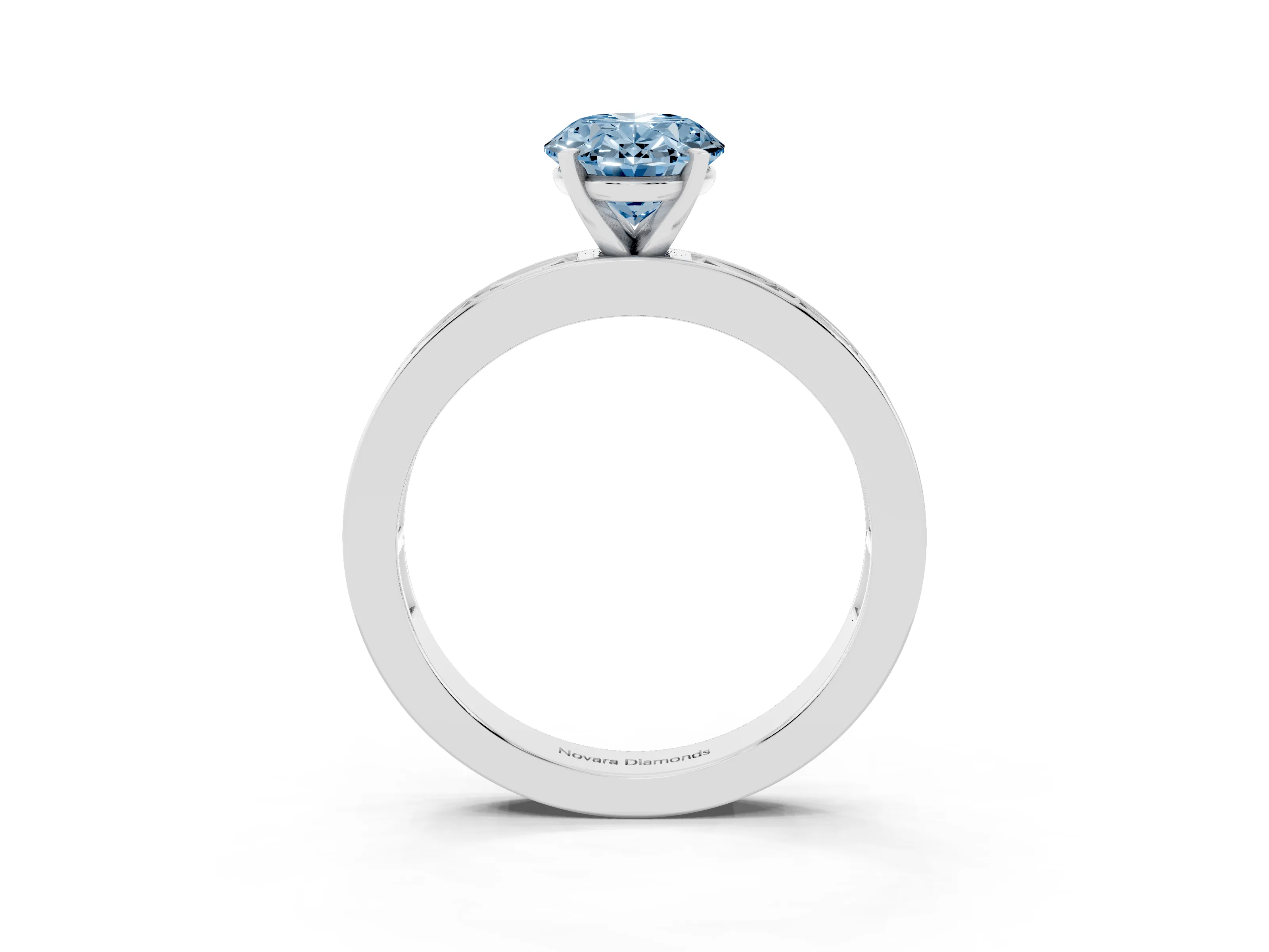 Fancy Blue Oval Cut Diamond Solitaire Ring Set in White gold with Channel-Set Baguette Band and Prong Setting