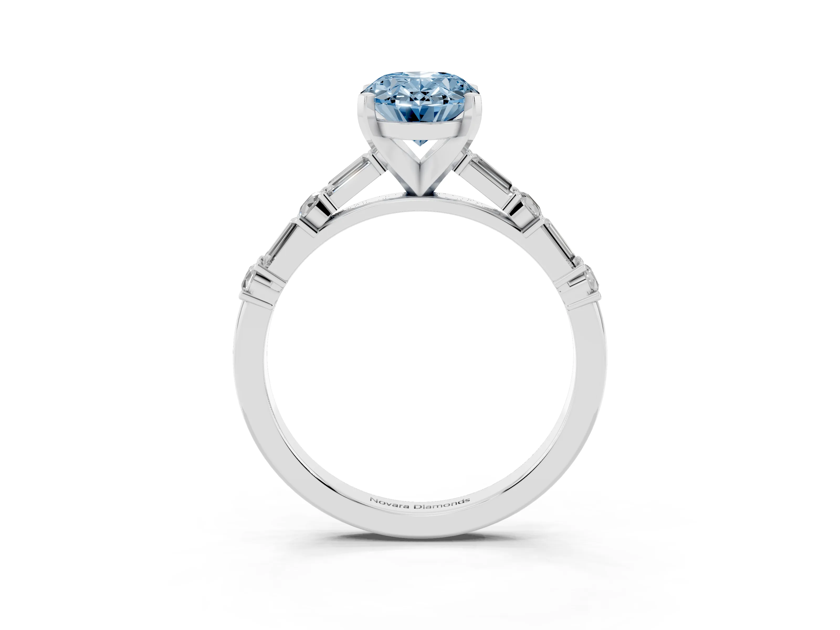 Fancy Blue Oval Cut Diamond Solitaire Set in Silver with Side Baguettes and Channel Set Band