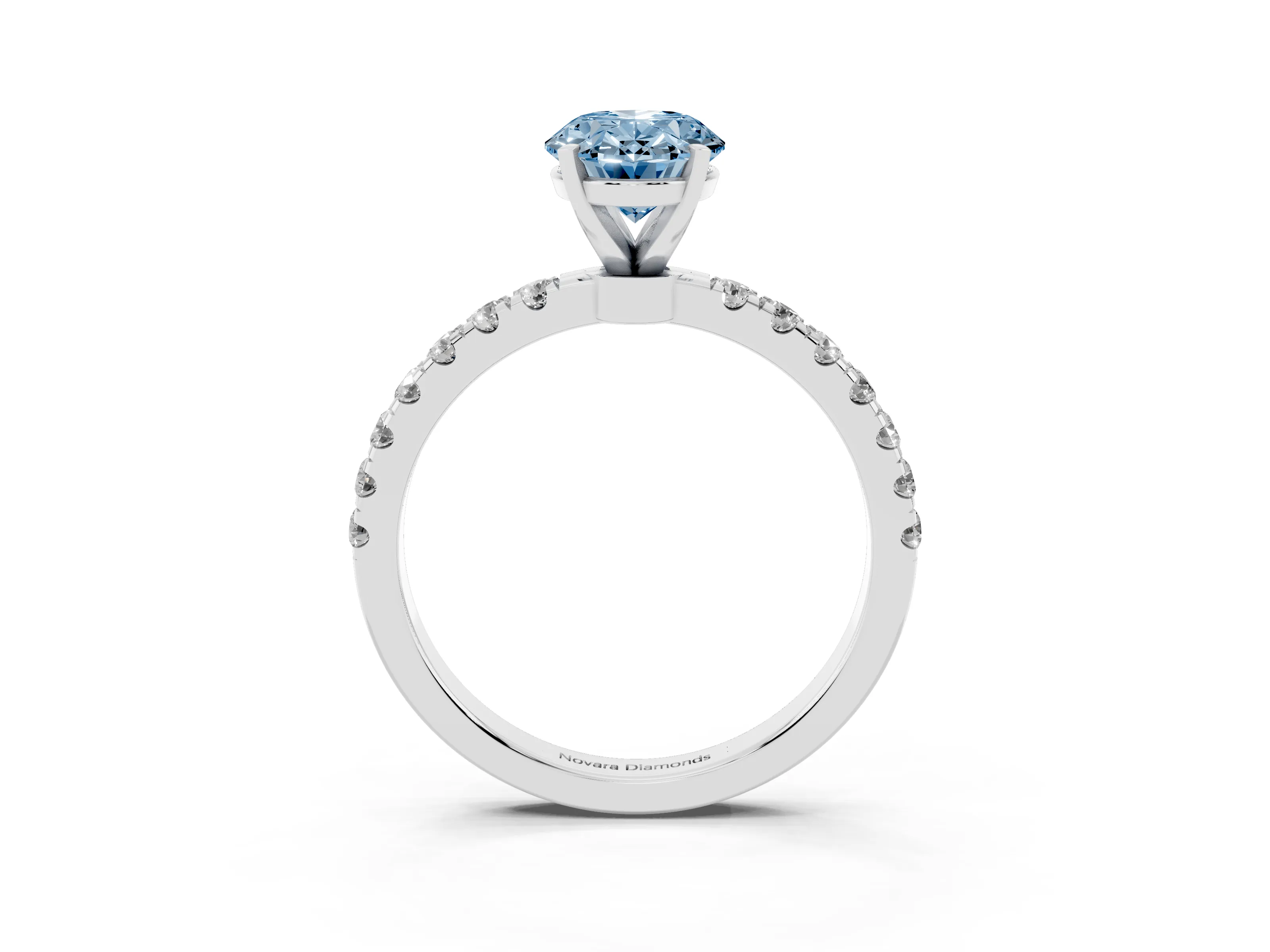 Fancy Blue Oval Cut Diamond Solitaire Ring Set in White gold with Pavé Accents and Prong Setting