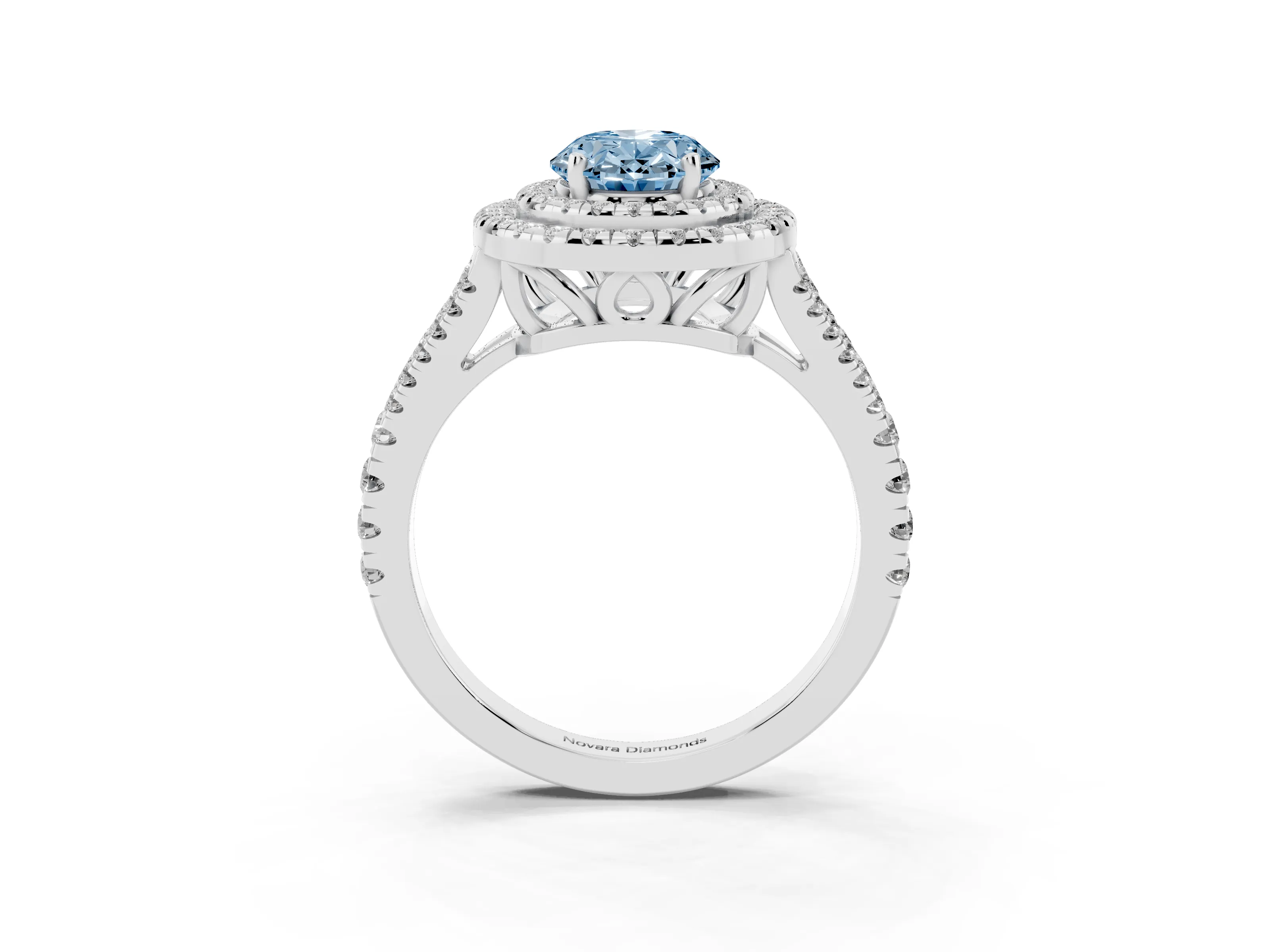 Fancy Blue Oval Cut Diamond Double Halo Ring Set in Platinum with Pavé Band