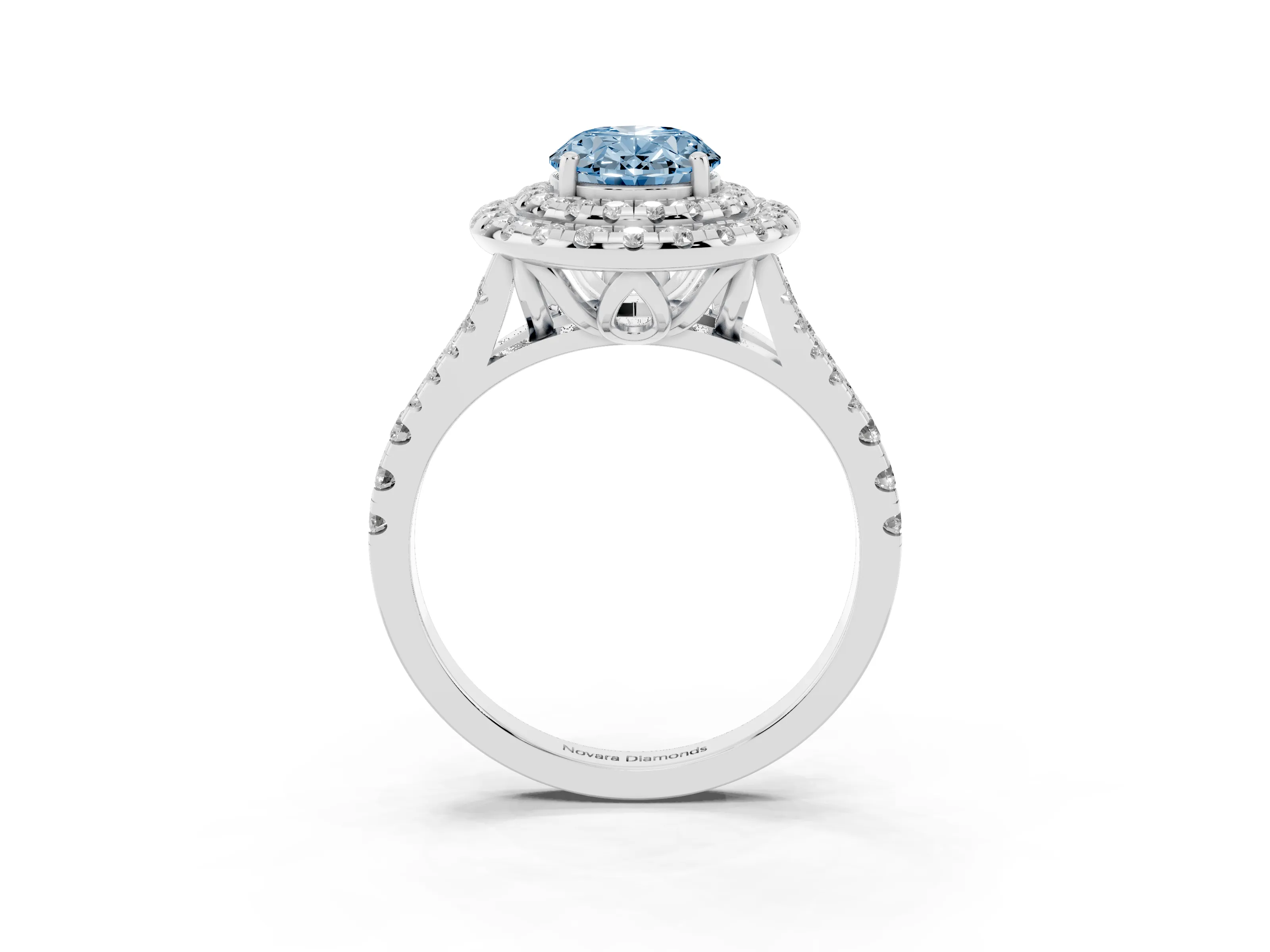 Fancy Blue Oval Cut Diamond Double Halo Ring Set in Silver with Pavé Split Shank and Prong Setting