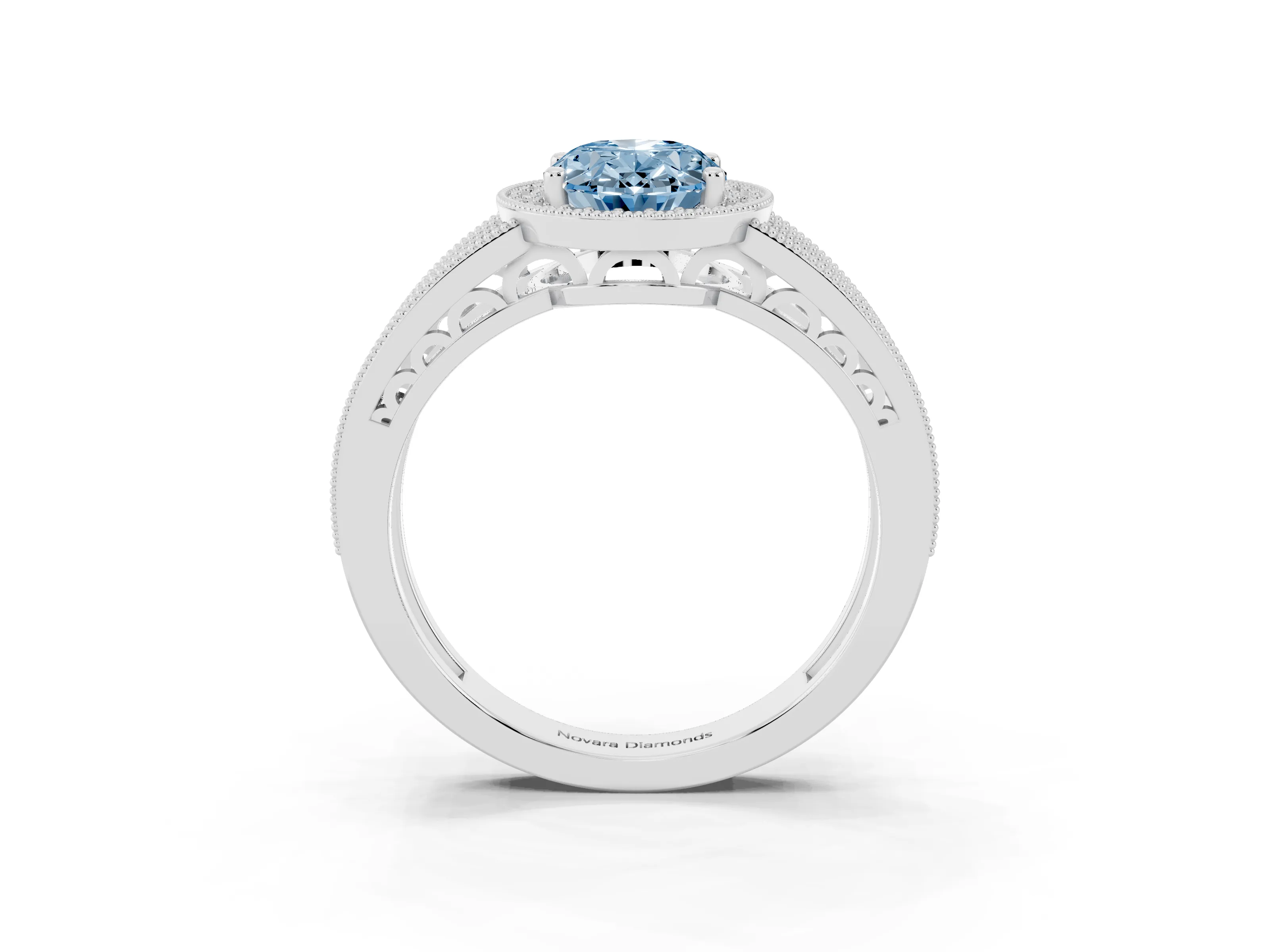 Fancy Blue Oval Cut Diamond Halo Ring Set in Platinum with Accent Split Shank and Prong Setting