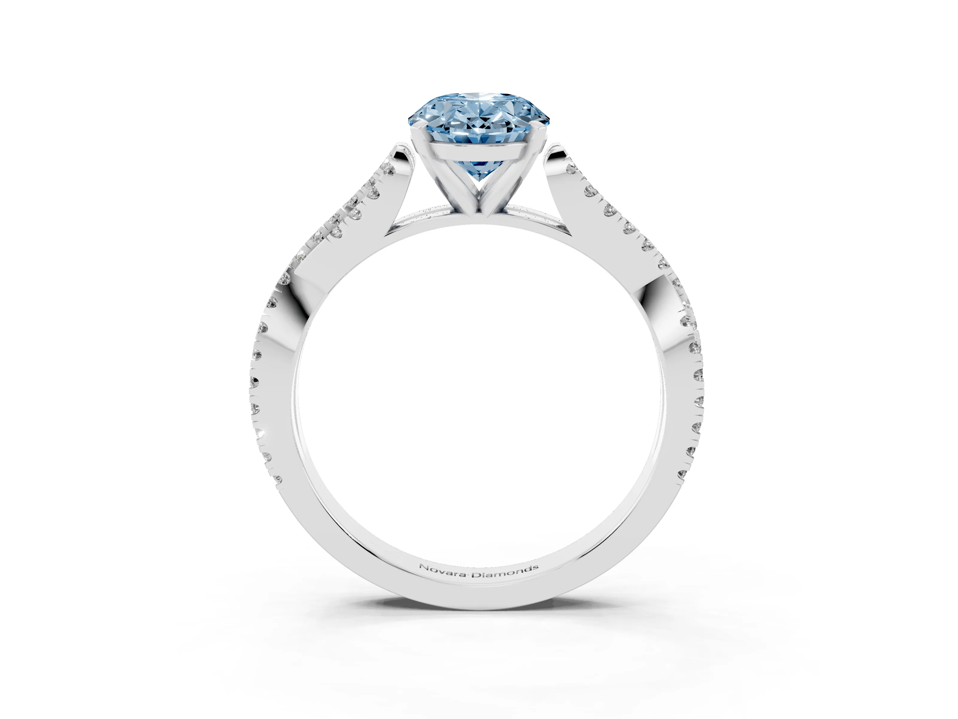 Fancy Blue Oval Cut Diamond Solitaire Engagement Ring Set in White gold with Twisted Pavé Band and Prong Setting