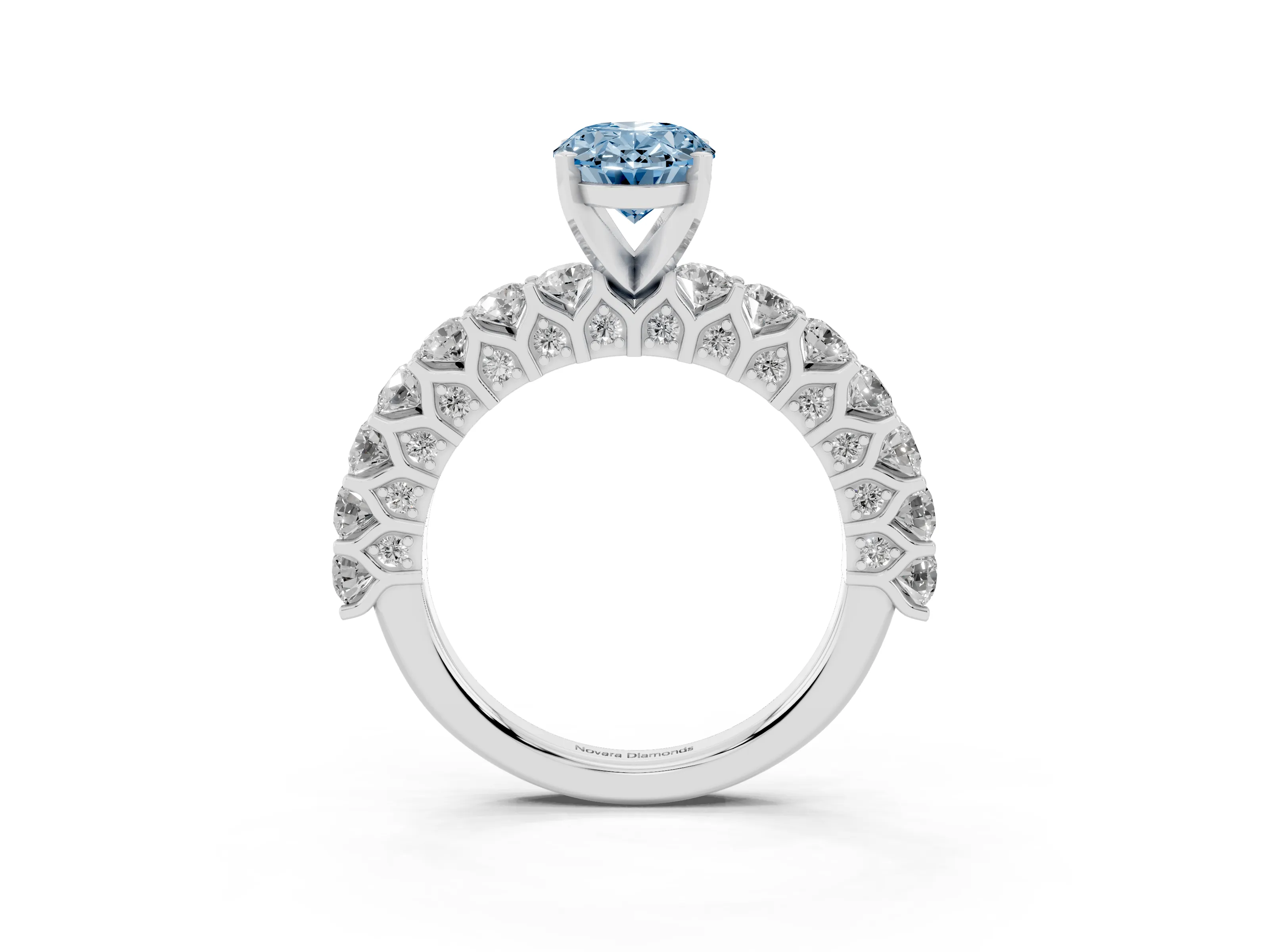 Fancy Blue Oval Cut Diamond Solitaire Ring Set in Platinum with Shared Prong Pavé Band