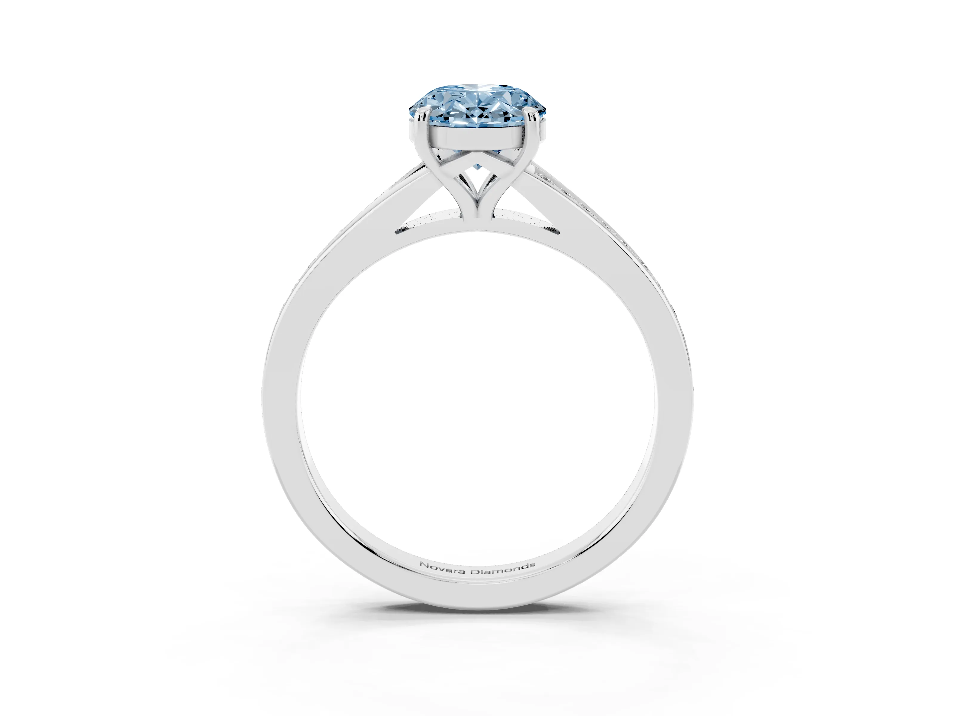 Fancy Blue Oval Cut Diamond Solitaire Ring Set in White gold with Pavé Accent Band and Classic Prong Setting